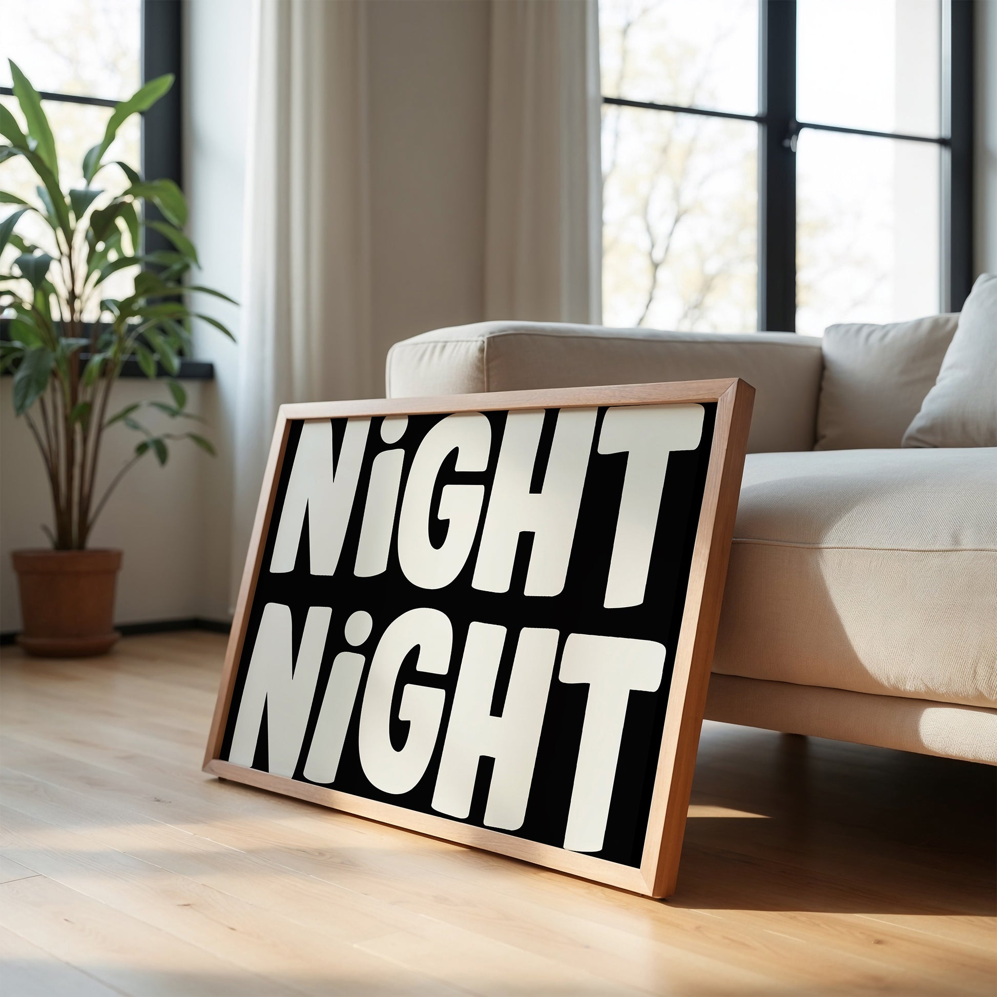 NiGHT NiGHT poster with bold off-white mirrored typography on black, perfect for bedroom or nursery wall art.