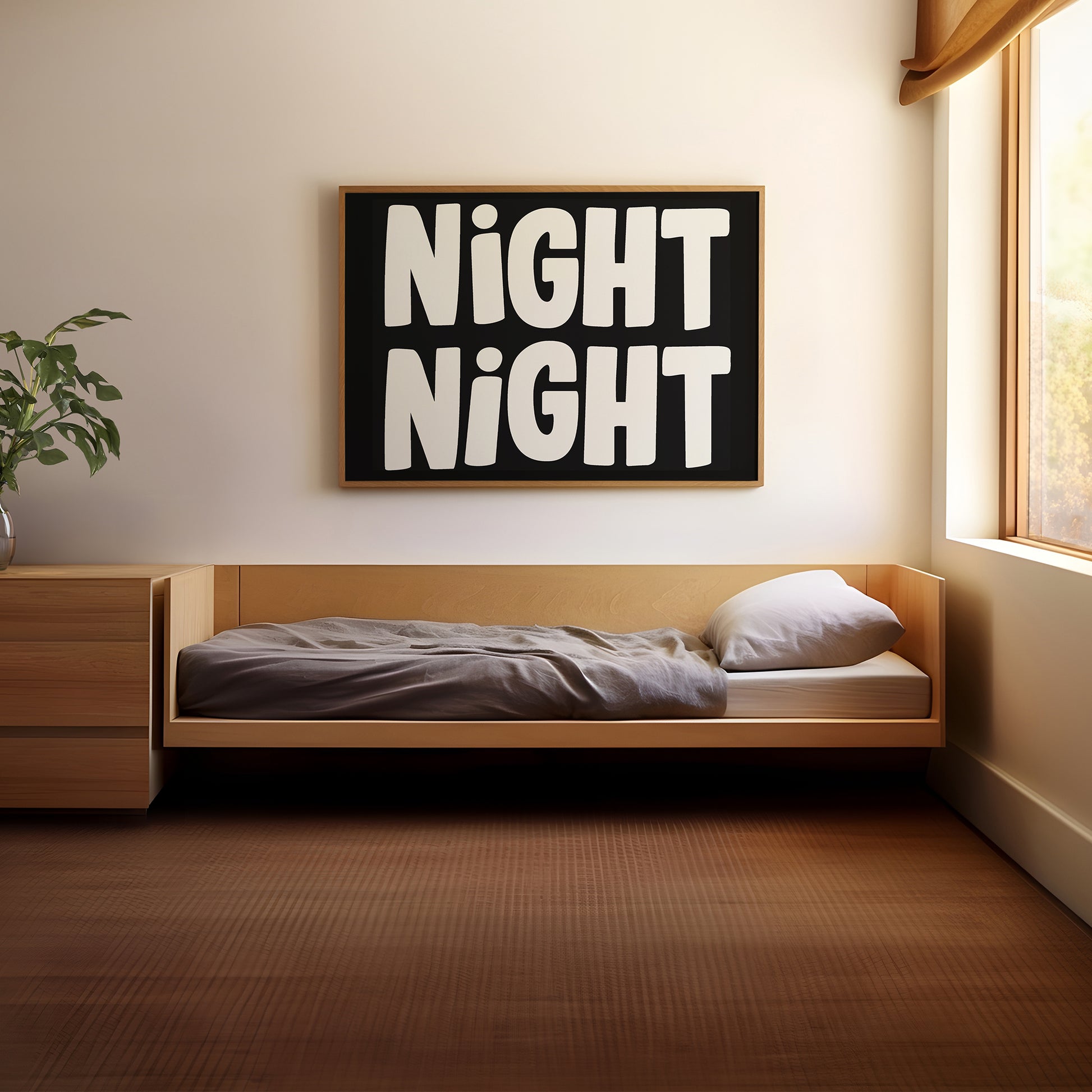NiGHT NiGHT poster with bold off-white typography on black, displayed above a minimalist bedroom bed.