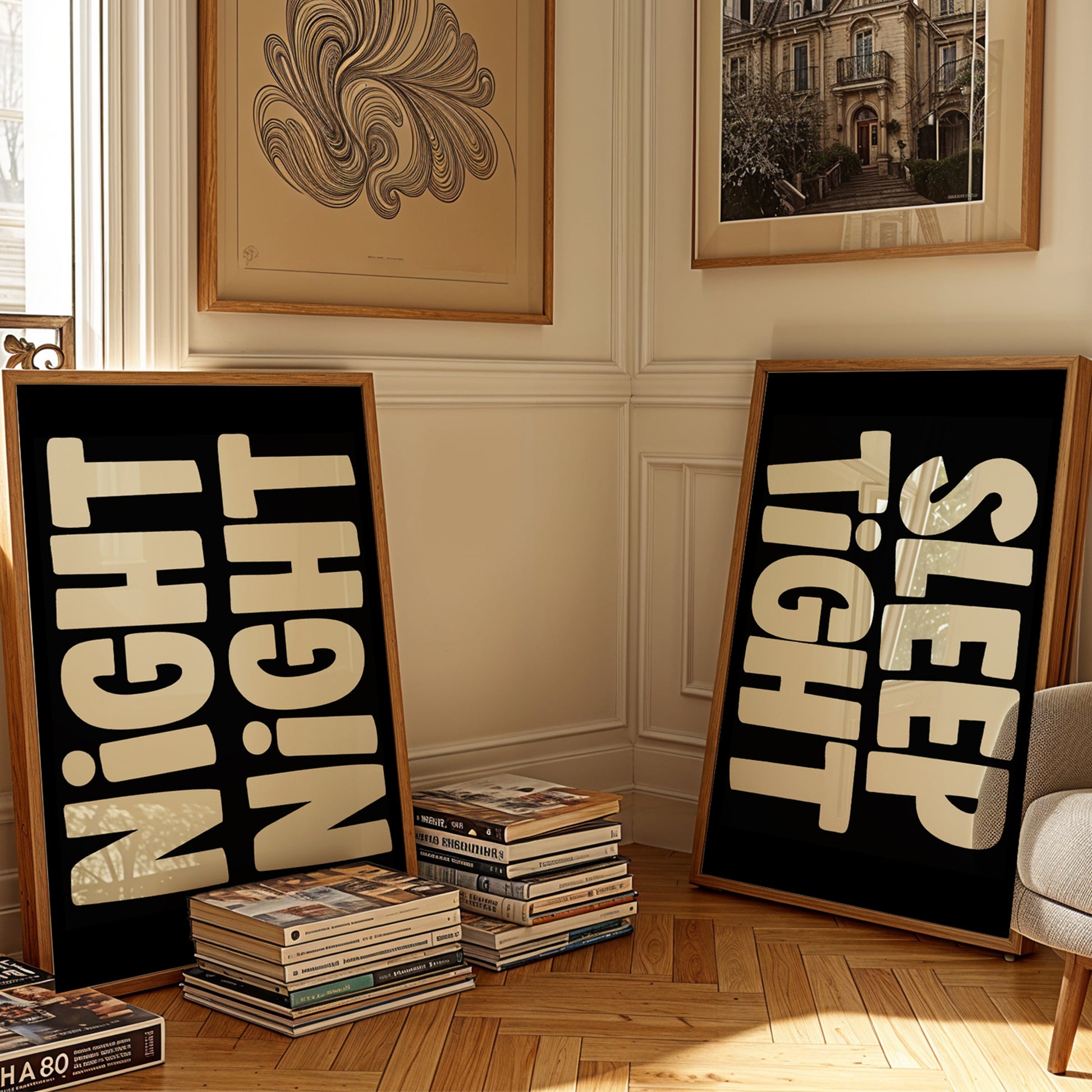 NiGHT NiGHT poster with bold off-white mirrored typography on black, perfect bedtime wall art for bedrooms or nurseries.
