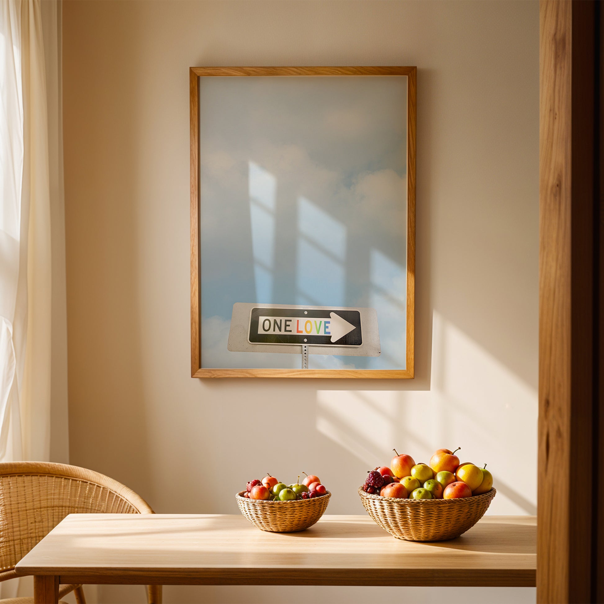 Framed "ONE LOVE" street sign photograph with rainbow letters against a soft sky, displayed in a modern dining room.