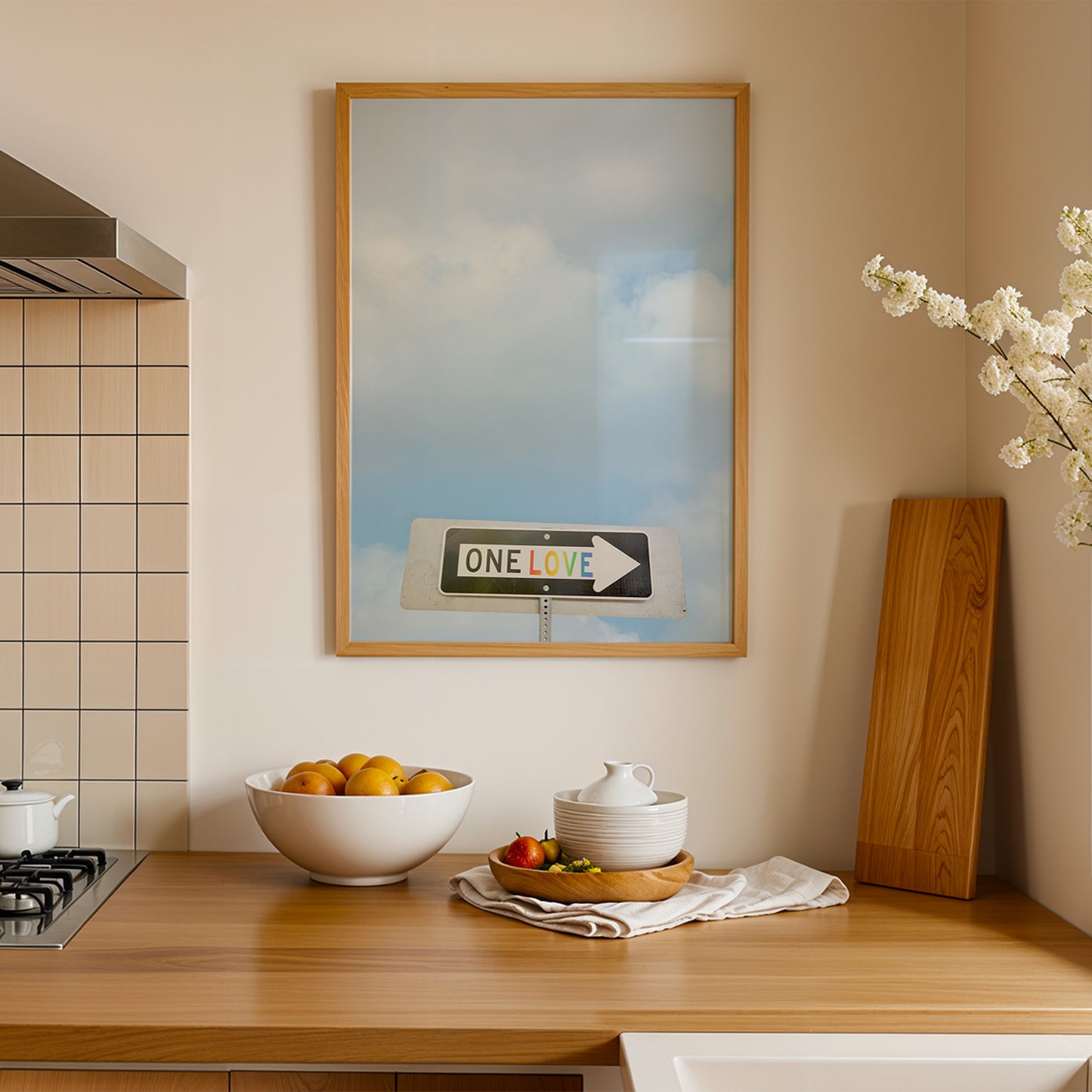 ONE LOVE street sign photograph with rainbow lettering against a soft sky, perfect for modern home or office decor.