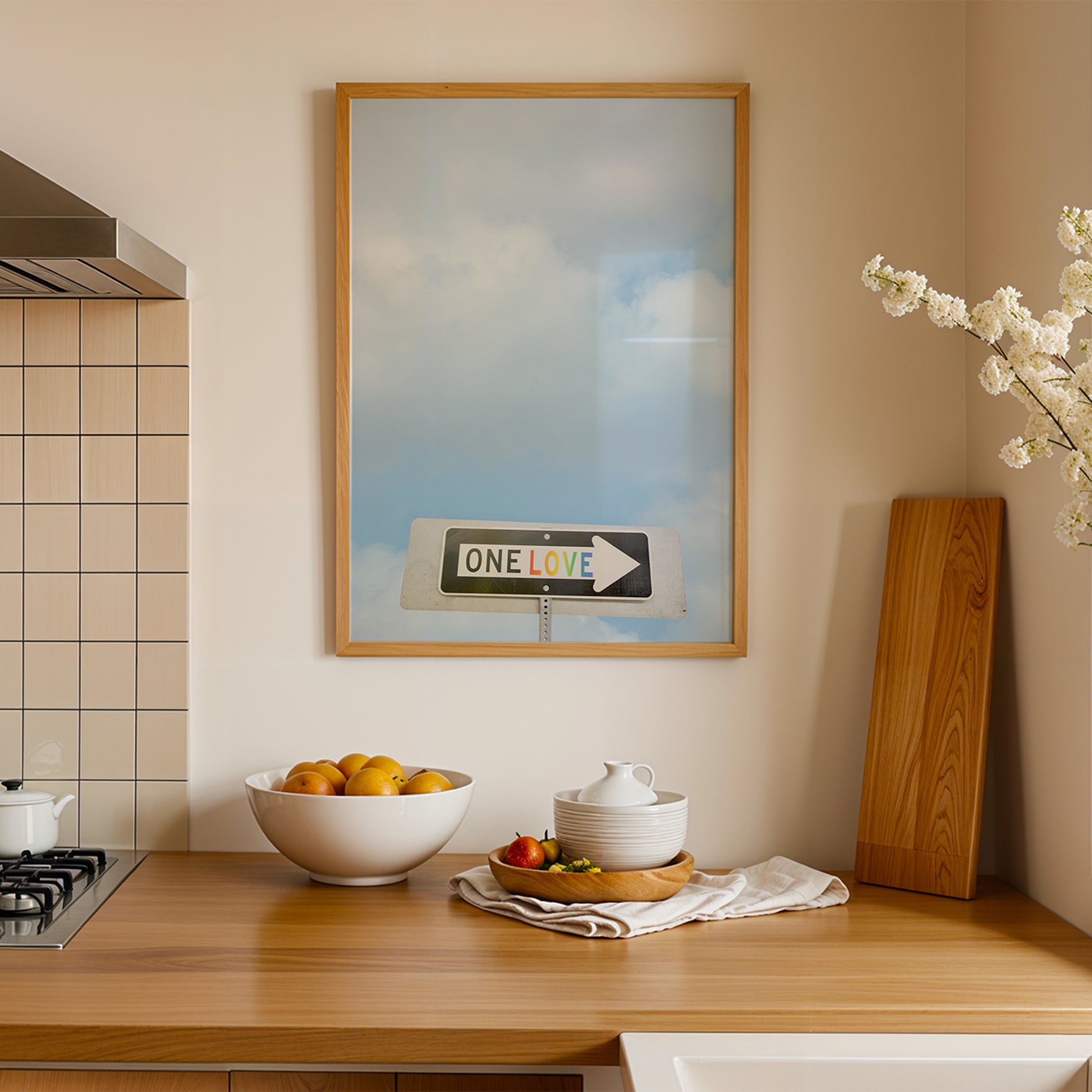 ONE LOVE street sign photograph with rainbow lettering against a soft sky, perfect for modern home or office decor.