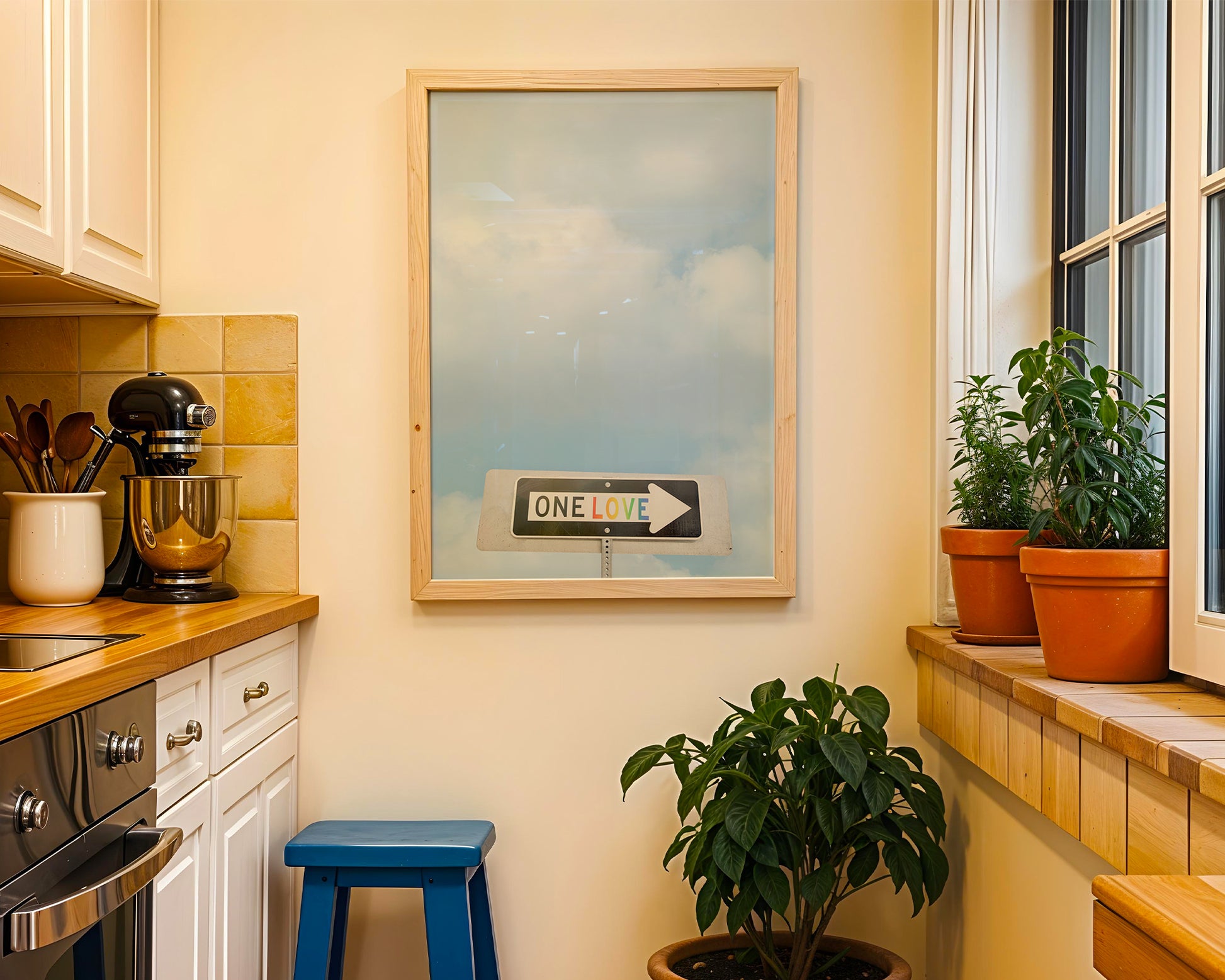 Framed "ONE LOVE" street sign photo with rainbow letters against a soft sky in a cozy kitchen nook.