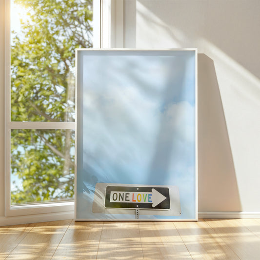 Framed photograph of a street sign with rainbow letters reading ONE LOVE against a soft blue sky background.
