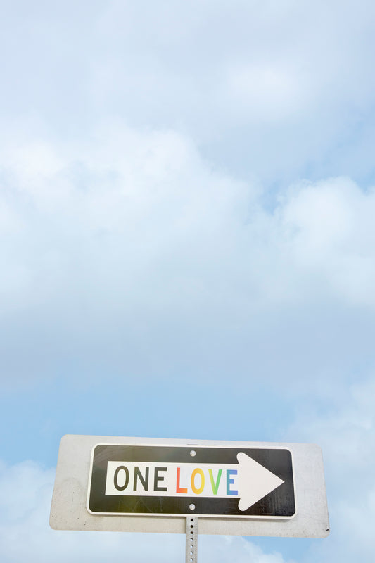 one way arrow street sign rewritten with rainbow street art to say one love minimalist modern wall art by denise crew