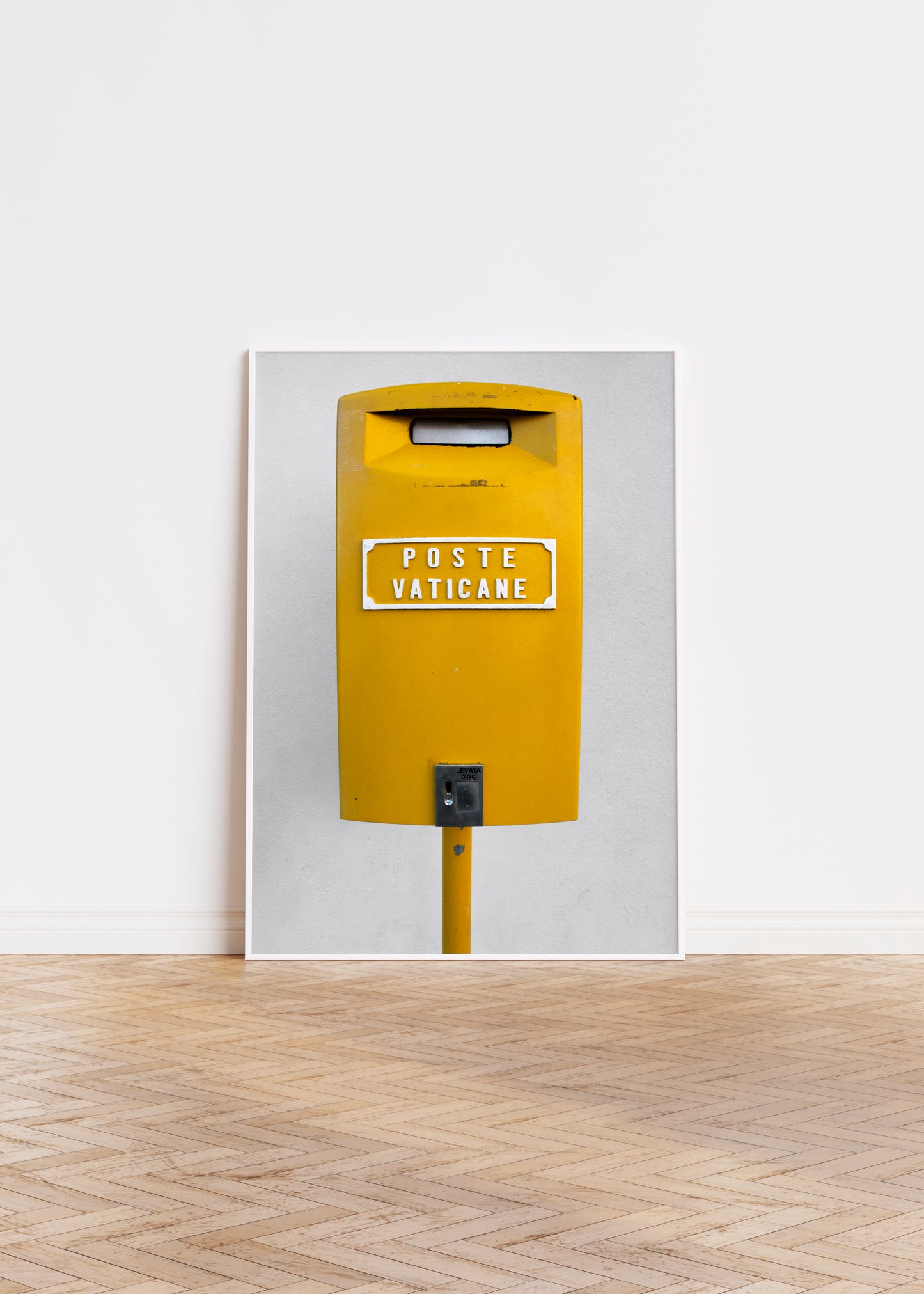 POSTE VATiCANE bold yellow Vatican City mailbox photograph in minimalist style on white background.