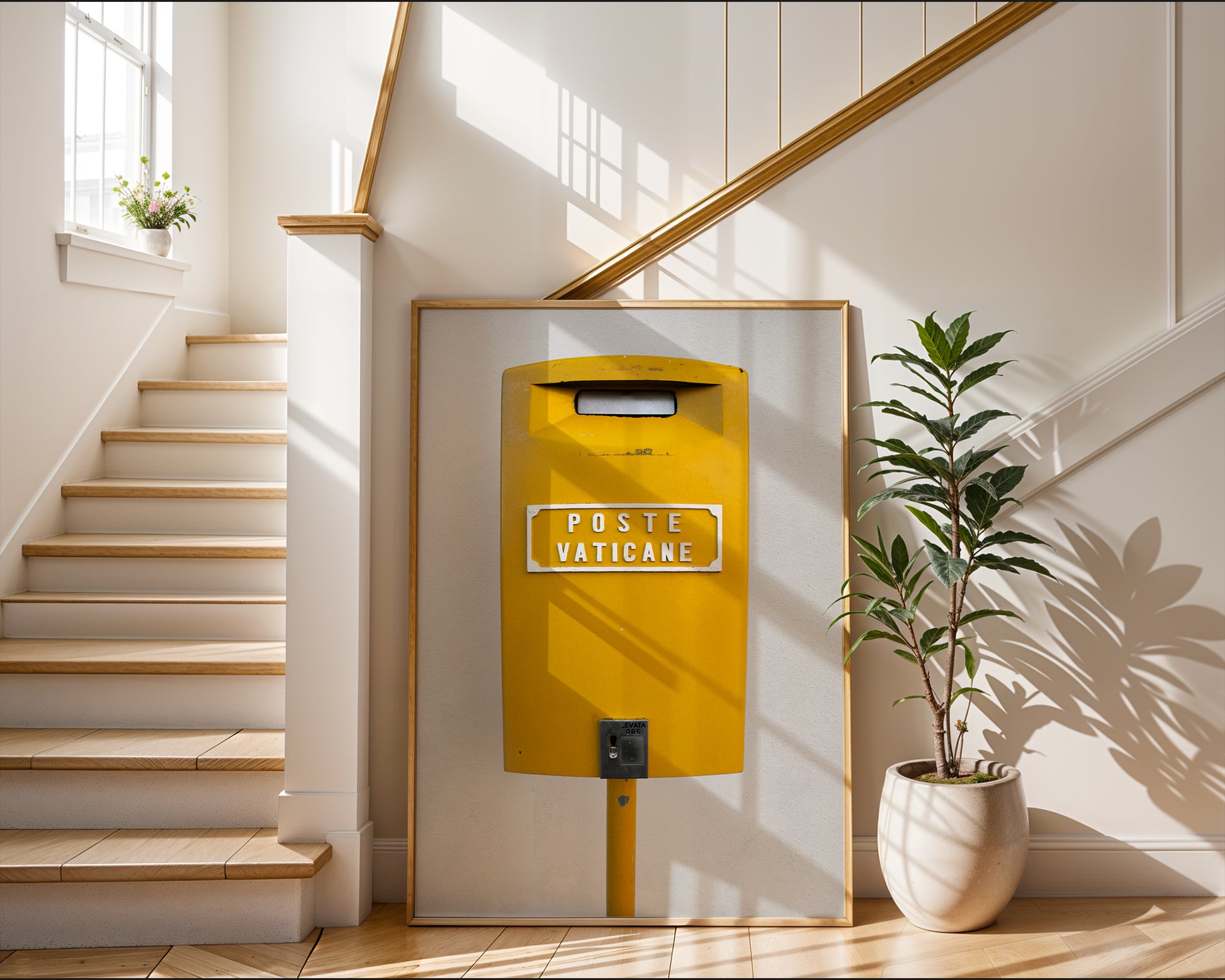 POSTE VATiCANE vibrant yellow Vatican mailbox art print displayed in a sunlit modern interior stairway with potted plant.