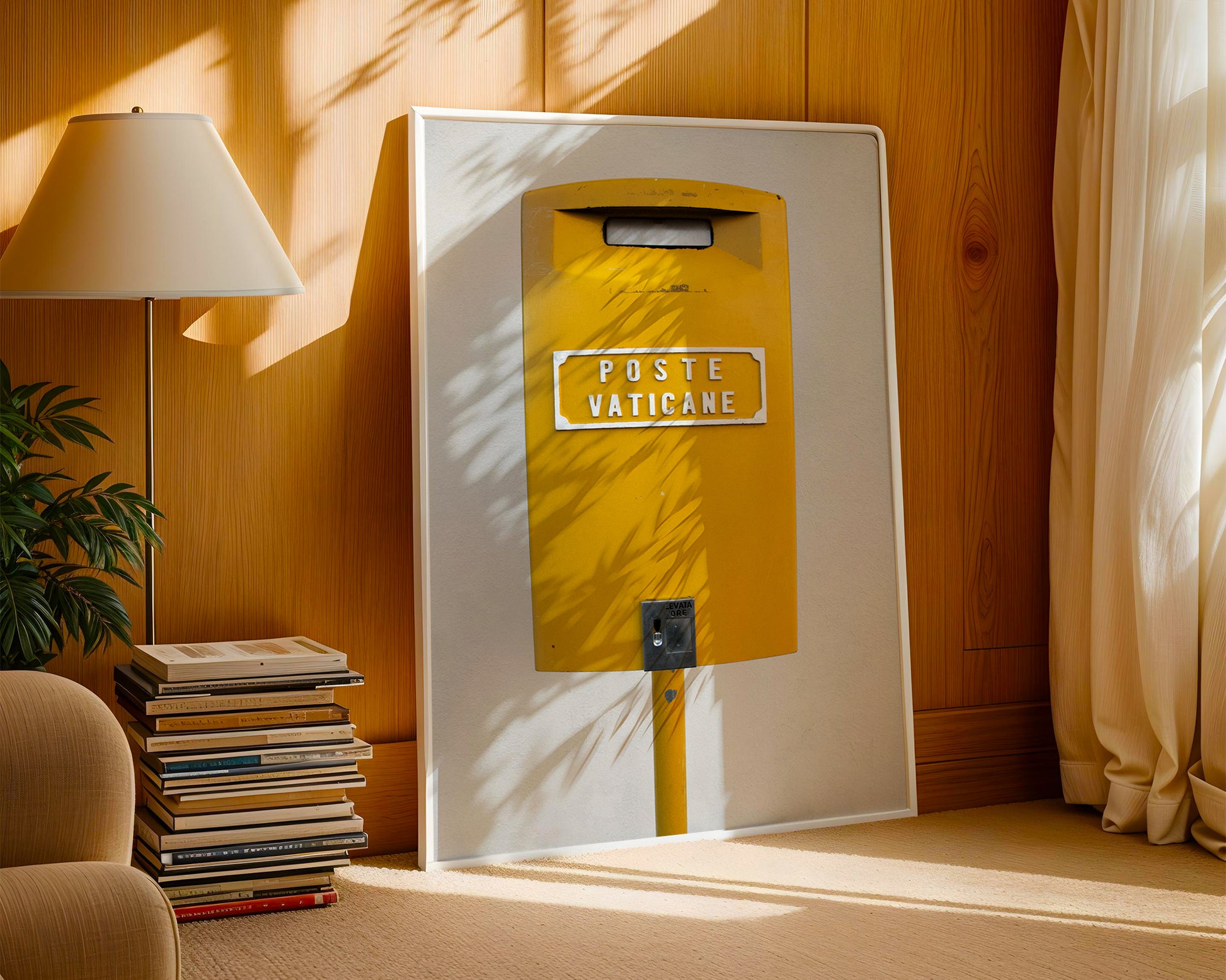 POSTE VATiCANE photo print of a bright yellow Vatican City mailbox with minimalist design and warm sunlight.