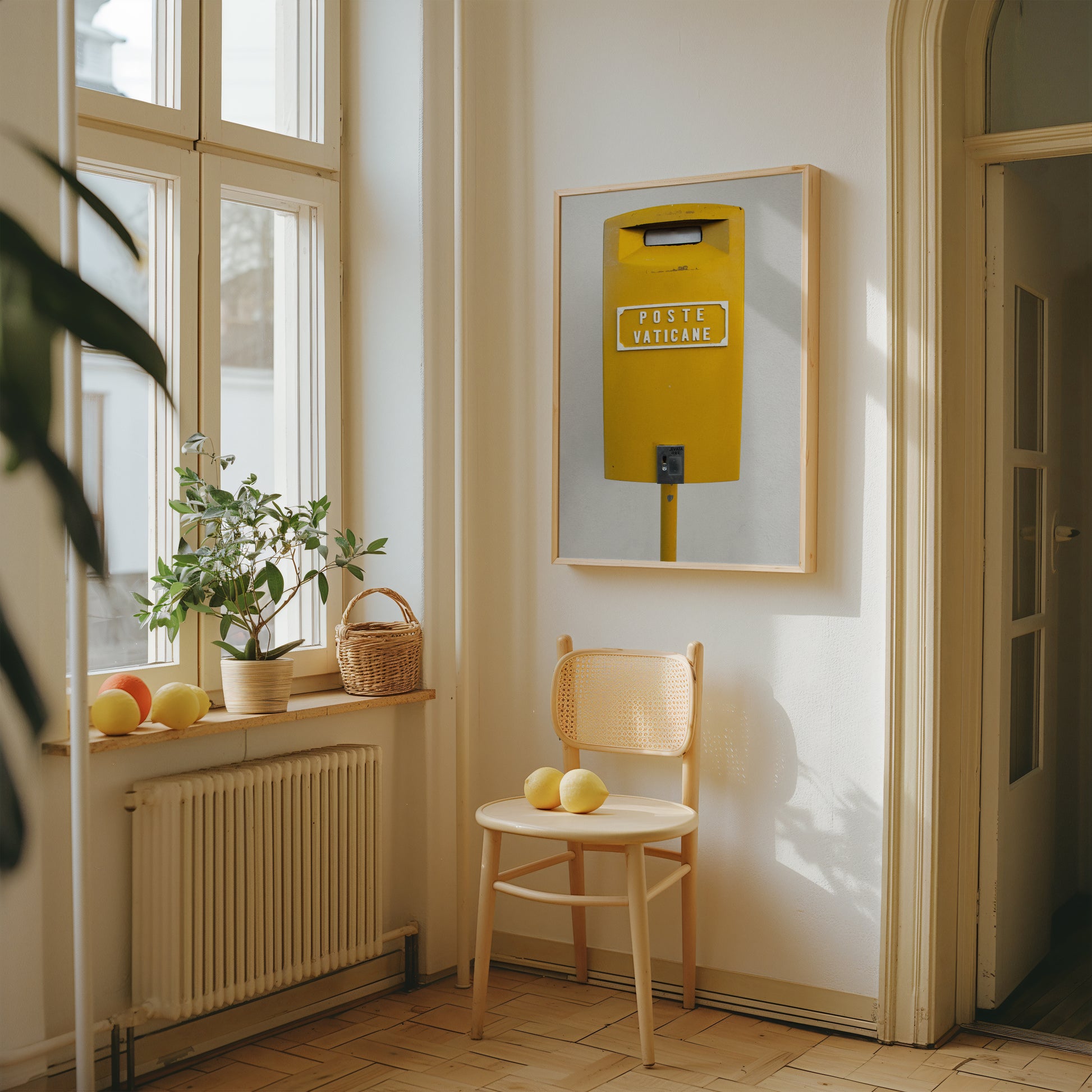 POSTE VATiCANE framed art print featuring a bright yellow Vatican City mailbox in a minimalist room setting.