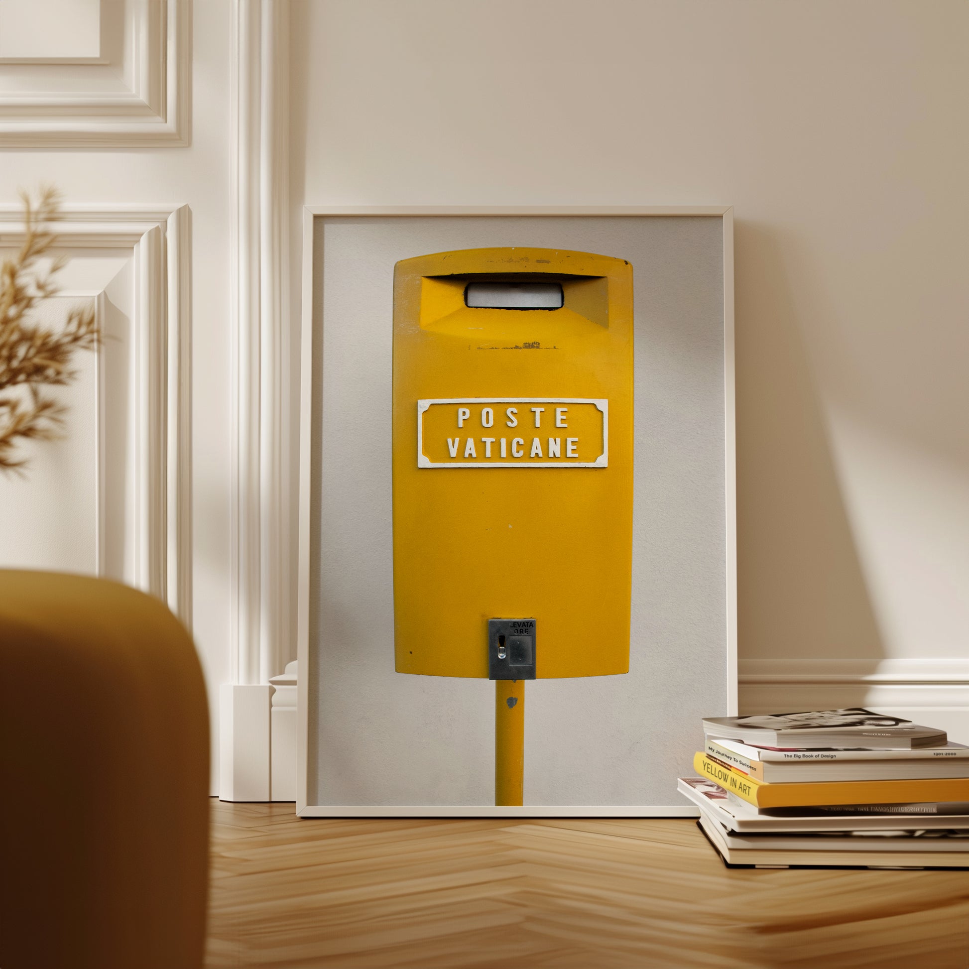 POSTE VATiCANE photograph featuring a bright yellow Vatican City mailbox with minimalist, vintage European design.