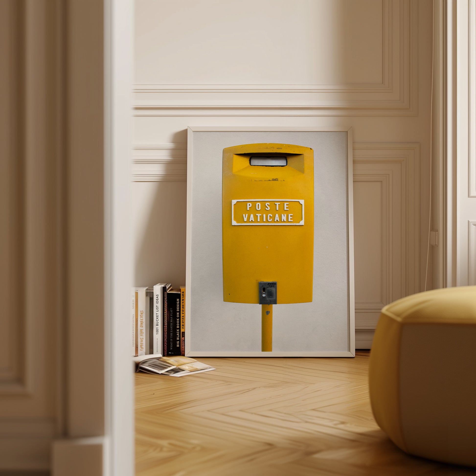 POSTE VATiCANE framed photo print of a bright yellow Vatican City mailbox with minimalist European design.