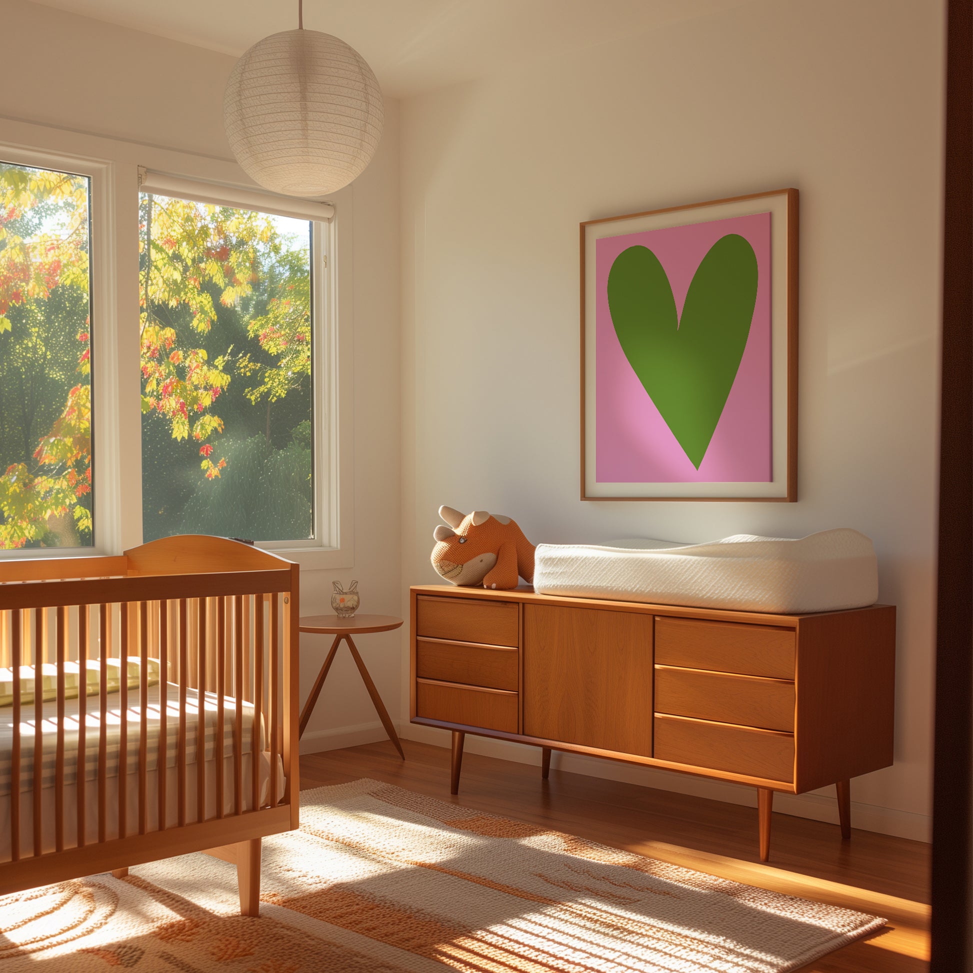 PREPPY HEART poster with oversized green heart on vibrant pink background displayed in modern nursery room.
