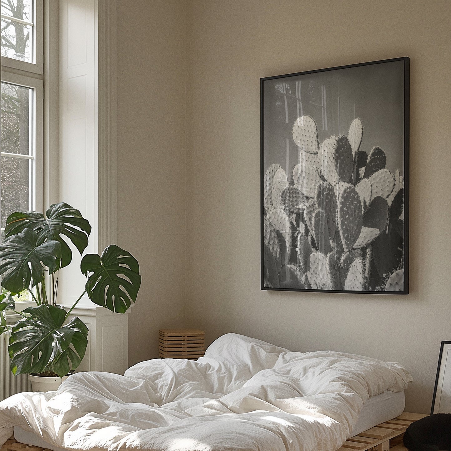 Black-and-white photograph of prickly pear cactus art titled PRiCKLY in a modern bedroom with natural light.
