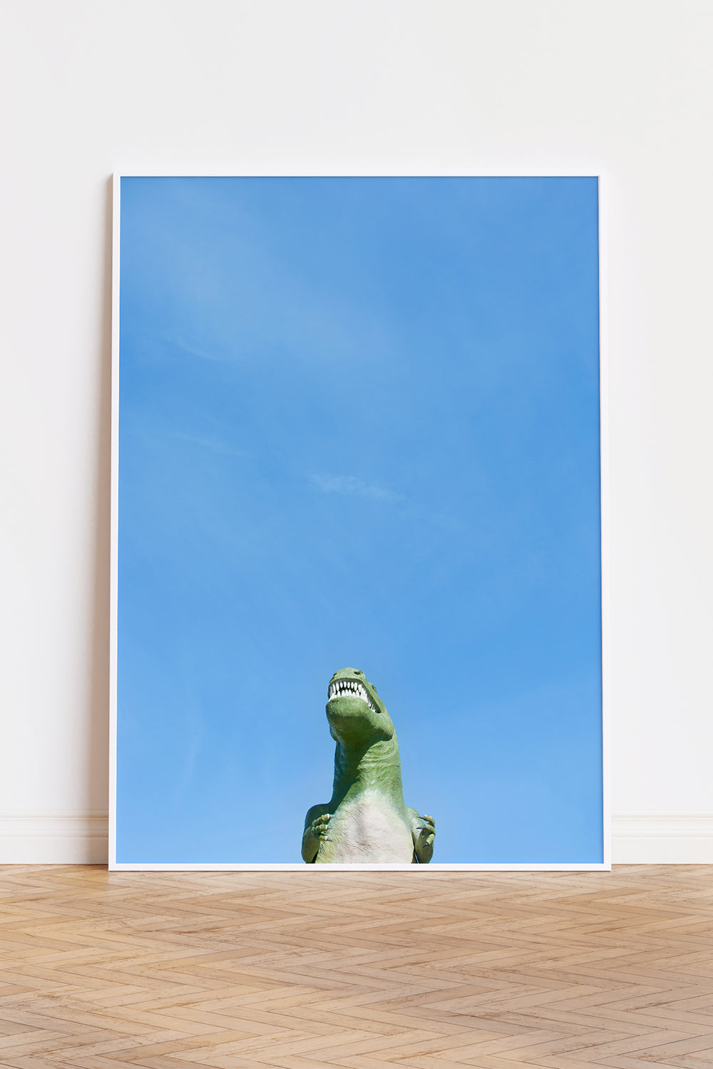 RAWR minimalist dinosaur print with bright blue sky, perfect kid-friendly decor for playful bedrooms or nurseries.