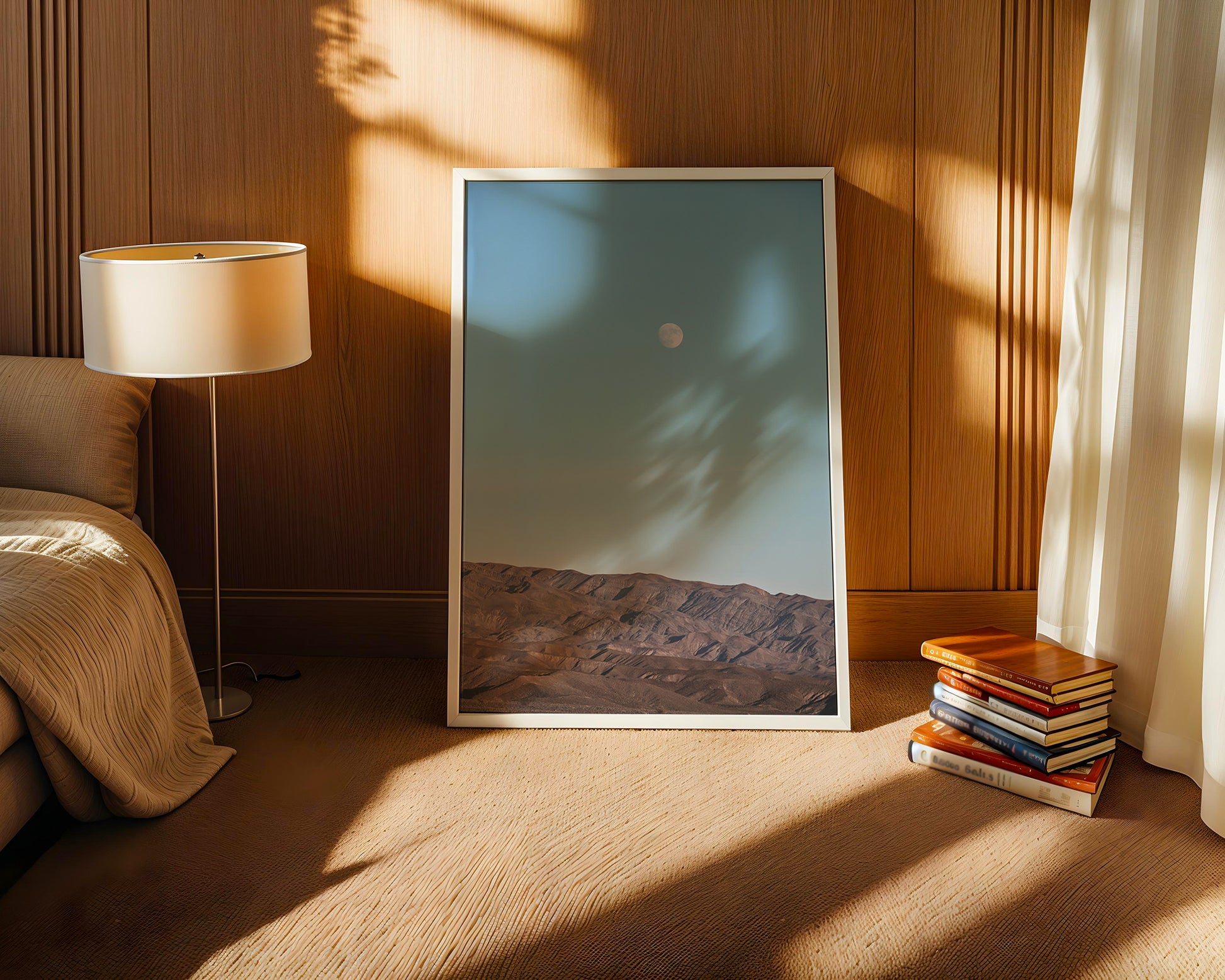 Framed "RiSiNG" art print of moon rising over desert mountains against a soft blue sky in a warm interior setting.