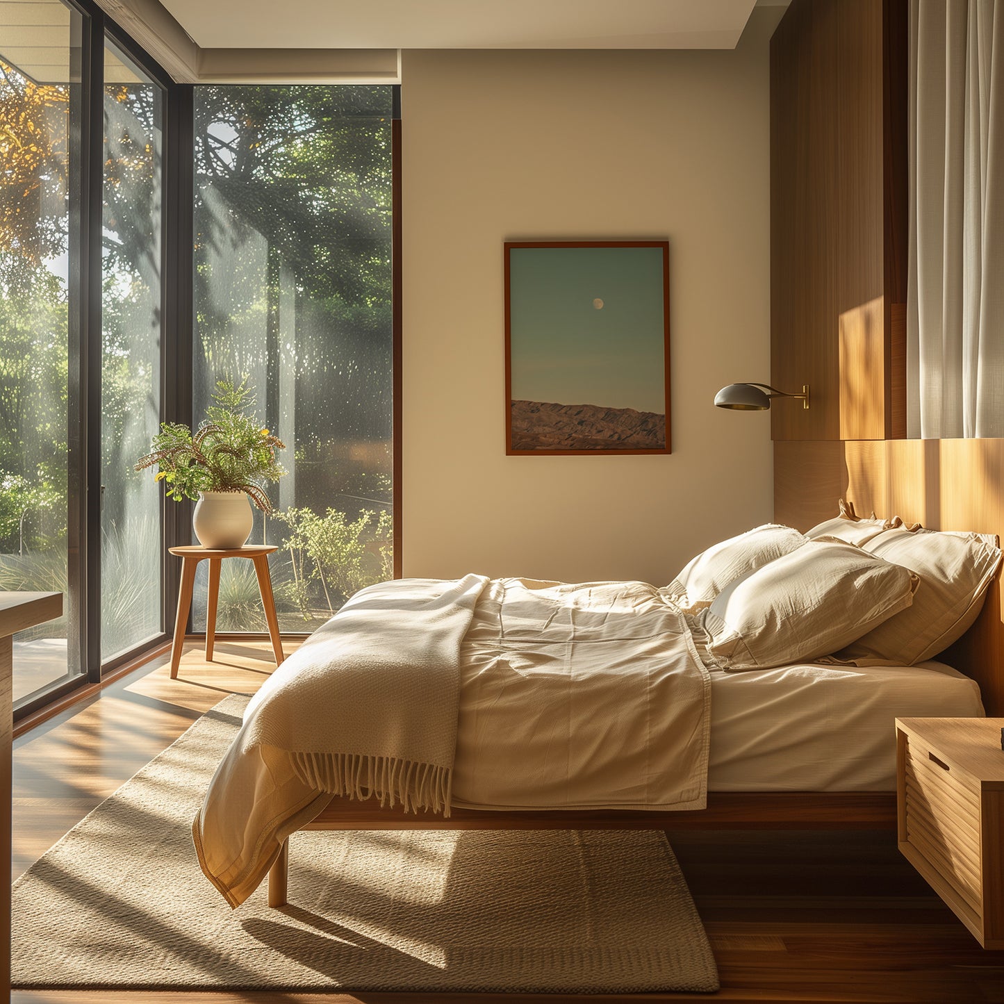 RiSiNG desert landscape art with moon rising over mountains in a calm, modern bedroom interior.