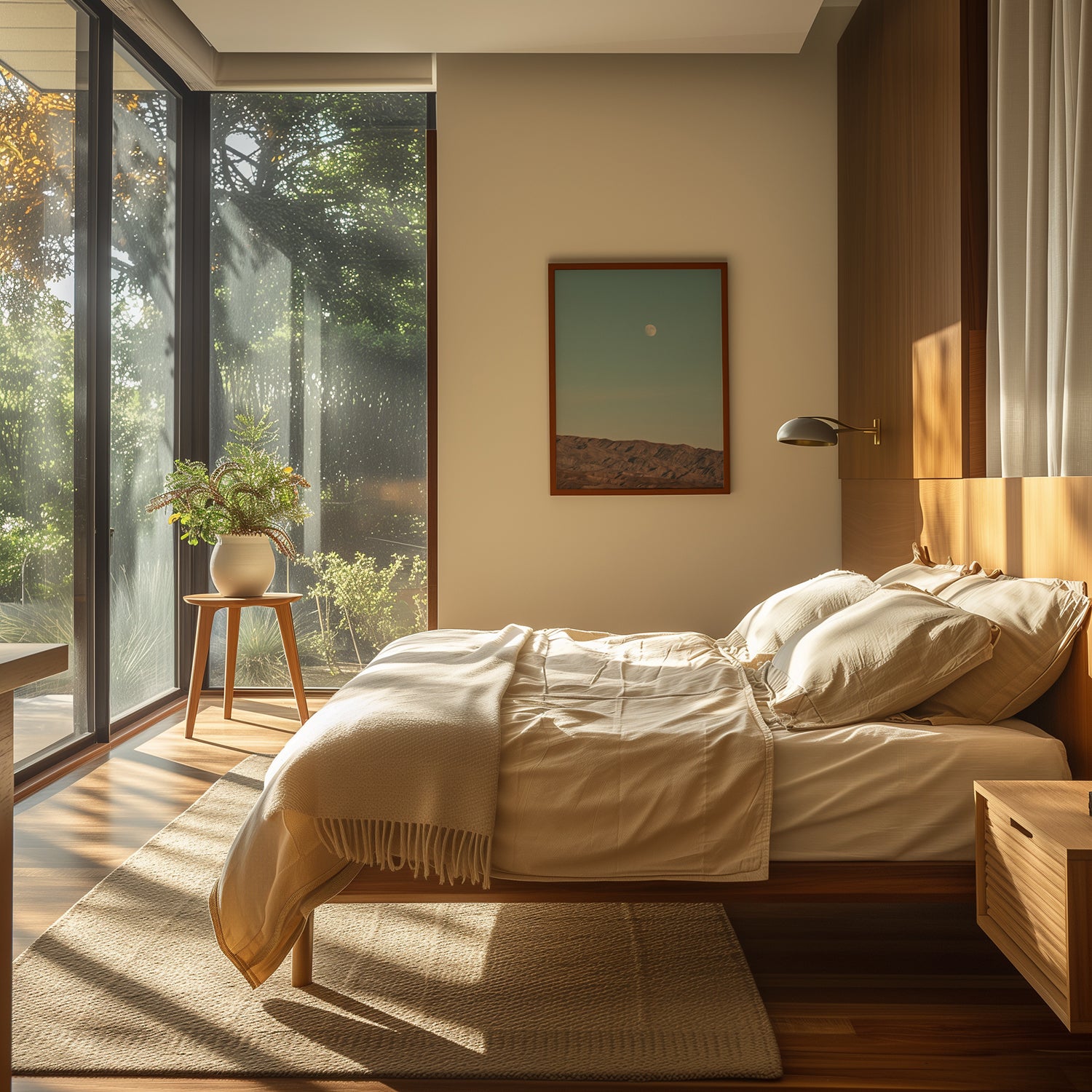 RiSiNG desert landscape art with moon rising over mountains in a calm, modern bedroom interior.