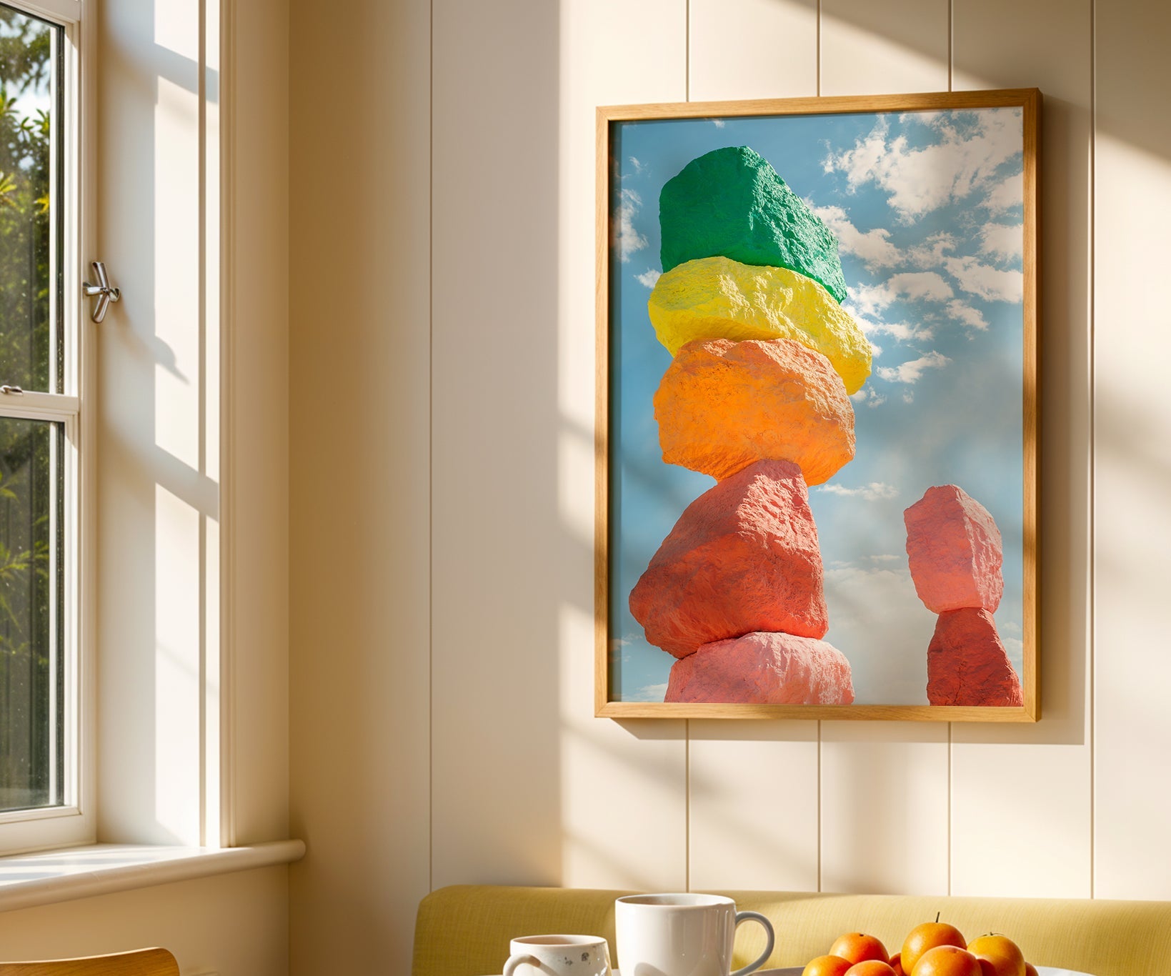 ROCK ON vibrant neon-painted stacked boulders photograph in wooden frame hanging on wall in bright room