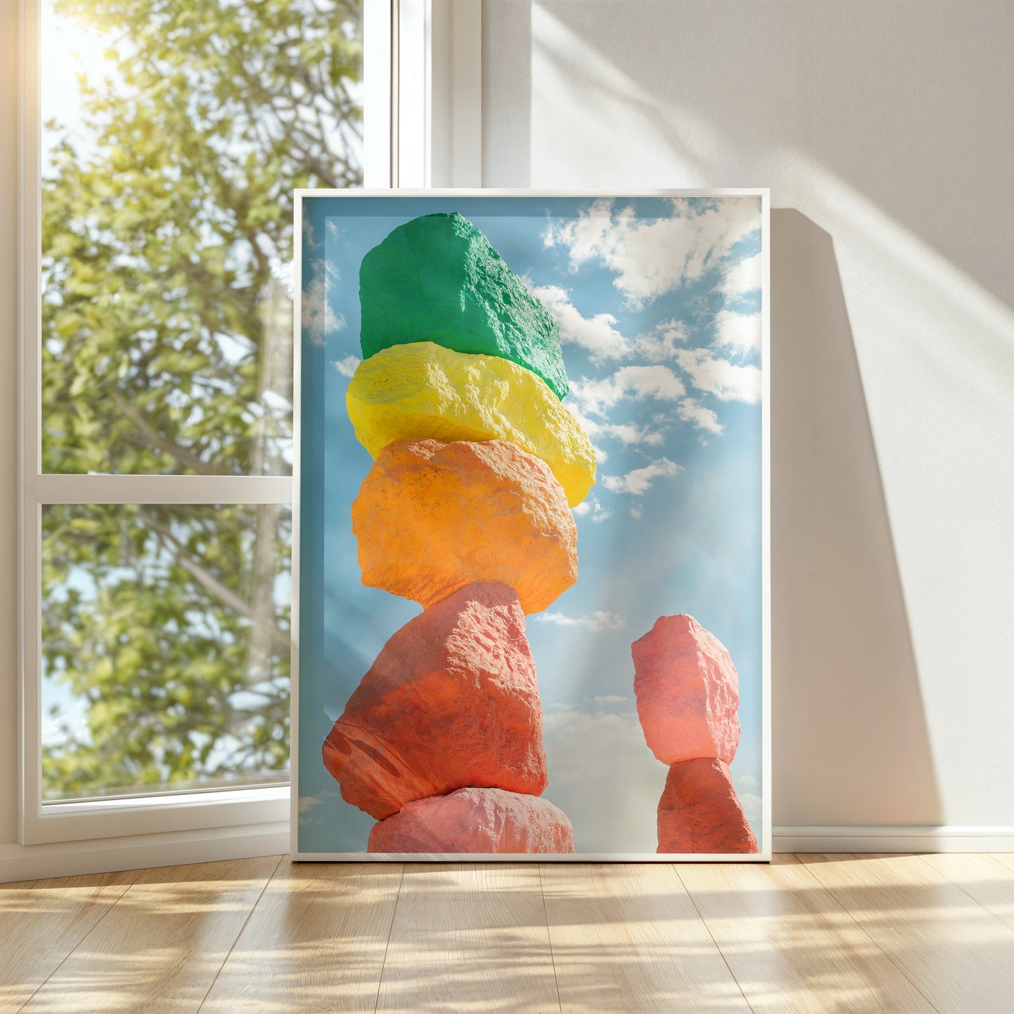 ROCK ON photograph of vibrant neon-painted stacked boulders against a blue sky, perfect for modern art spaces.