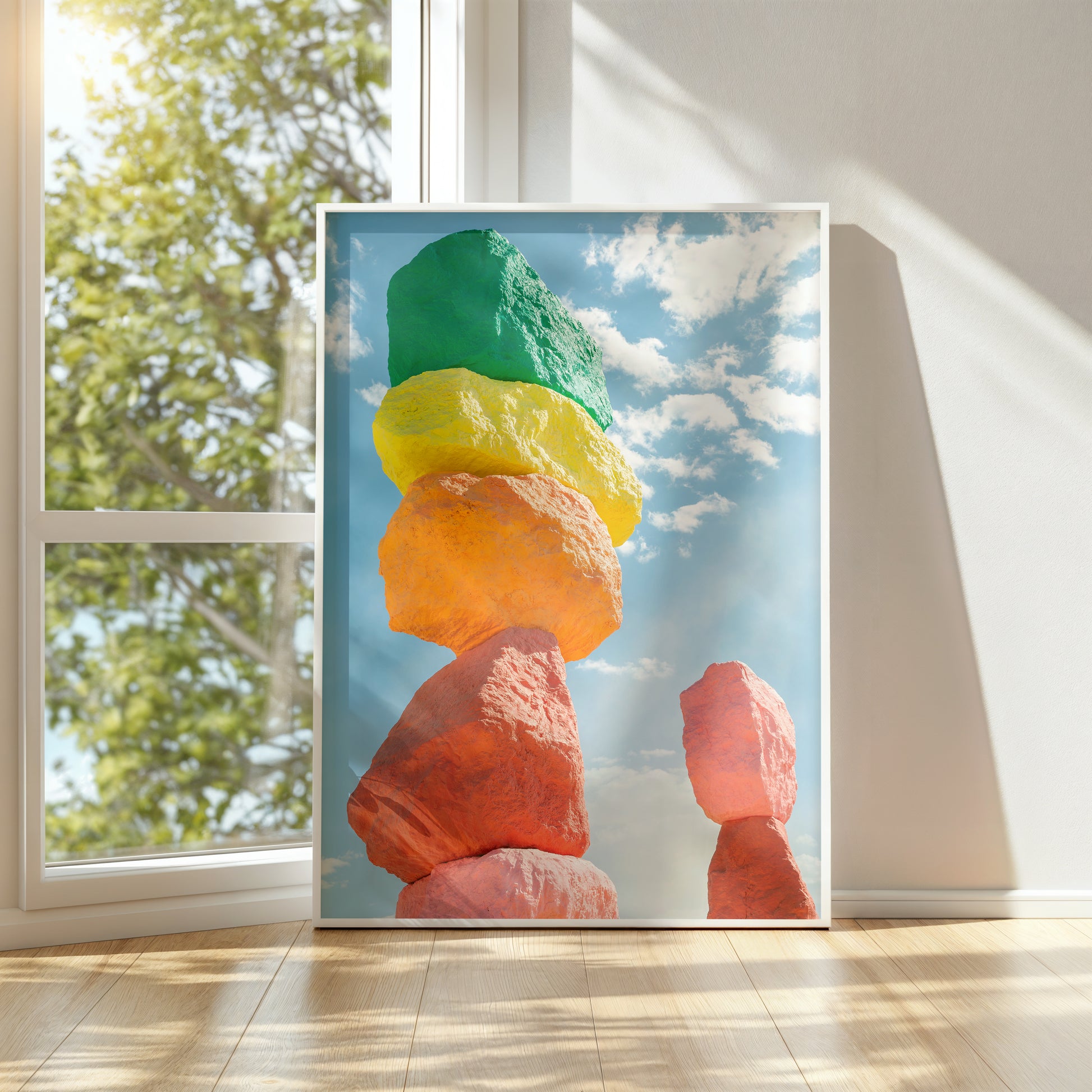 ROCK ON photograph of vibrant neon-painted stacked boulders against a blue sky, perfect for modern art spaces.