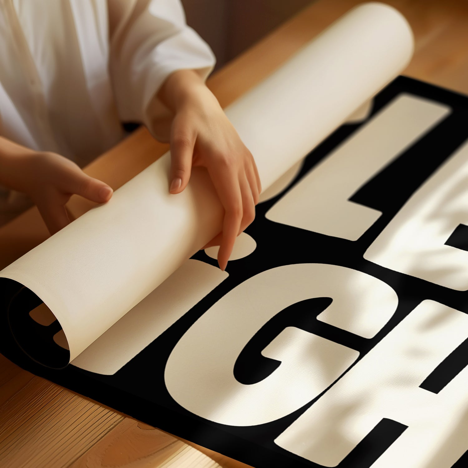 Hands unrolling the SLEEP TiGHT poster with bold black-and-white typography on matte paper.