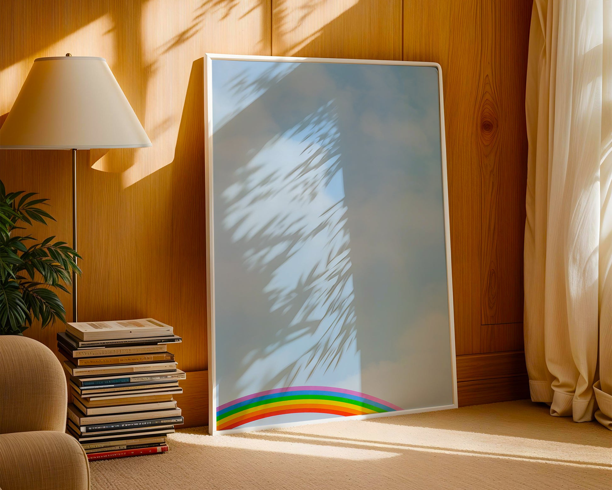 SOMEWHERE" shows a minimalist rainbow arch in a soft cloud-filled sky, perfect for adding joy to any room.