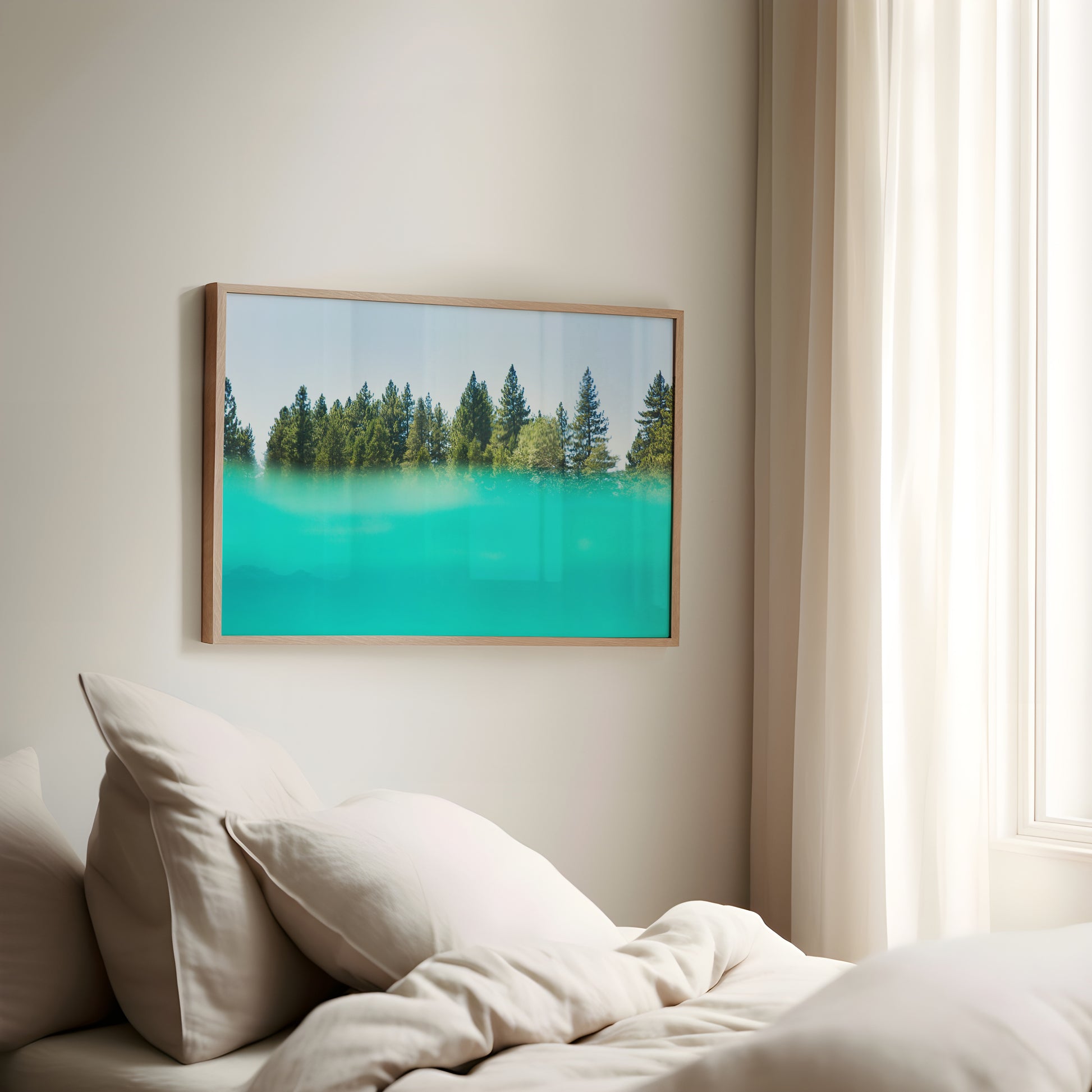SUGAR PiNE split-view photo of turquoise water and pine trees, perfect modern nature-inspired wall art for interiors.