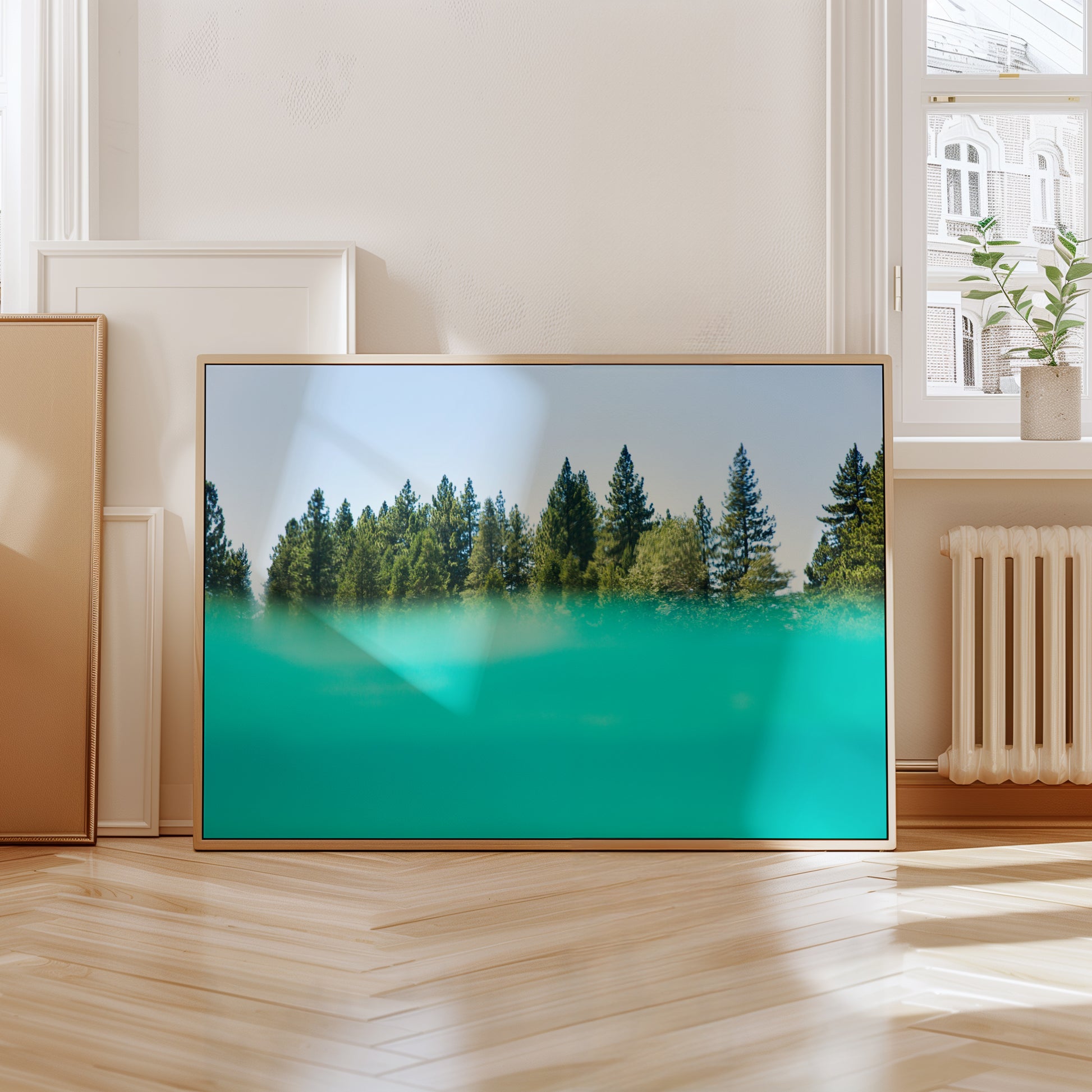 Framed SUGAR PiNE print featuring turquoise water and pine trees, perfect for cabin decor and nature-inspired interiors.