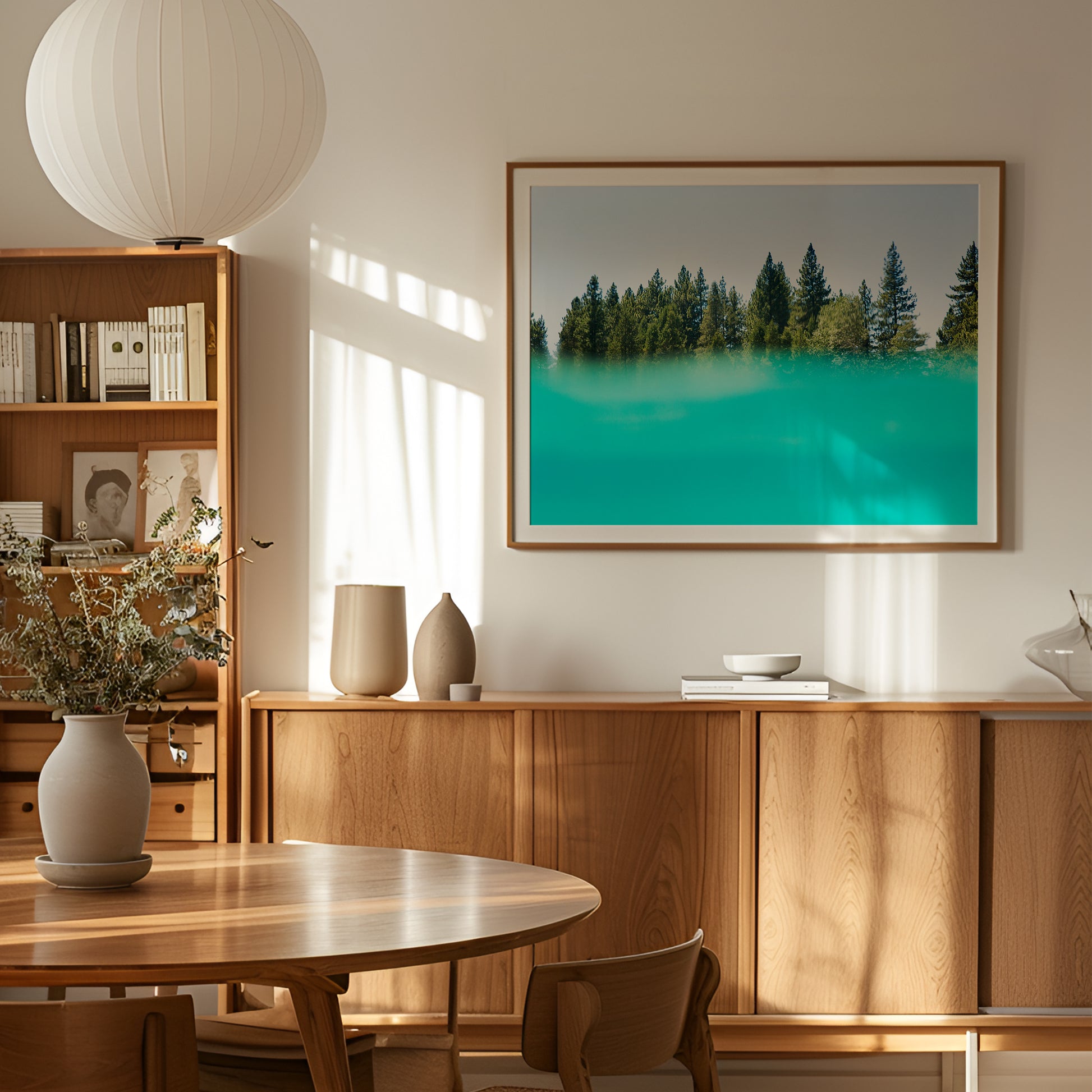 SUGAR PiNE split-view photo with turquoise water and pine forest framed in a modern, nature-inspired living room.
