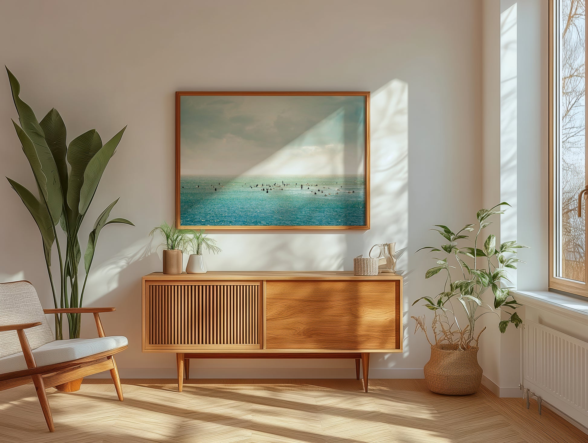 SURFRiDER ocean photo print with surfers on turquoise water under moody skies, perfect for coastal wall decor.