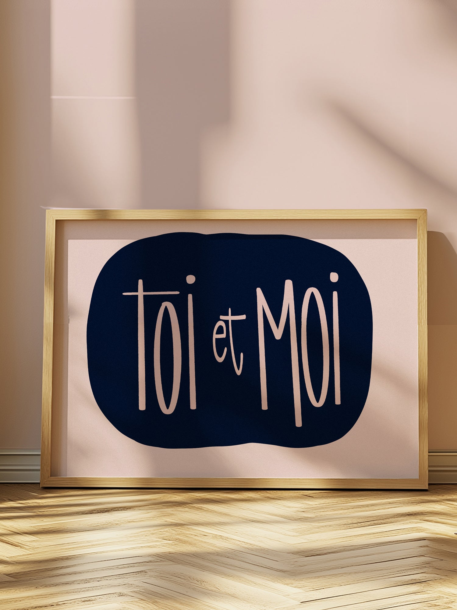 TOi et MOi poster with soft blush hand-drawn lettering on navy background, minimalist love note wall art print.