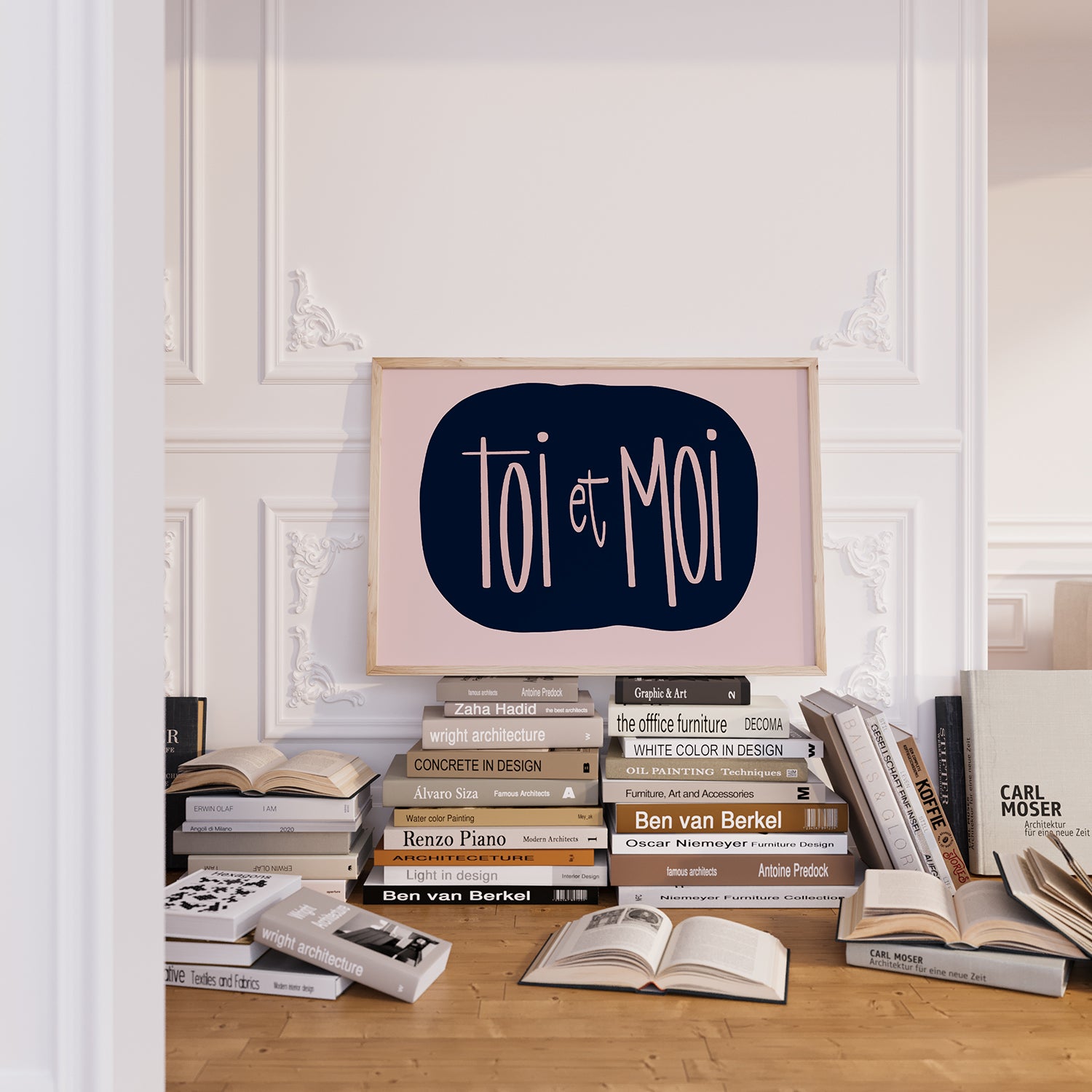 TOi et MOi poster with hand-drawn blush lettering on navy background, minimalist love note for stylish home decor.