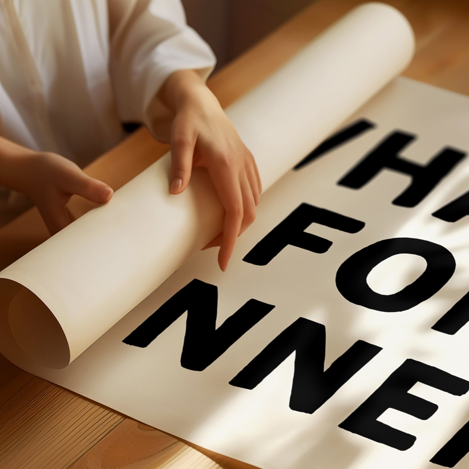 Roll of minimalist black-and-white "WHAT'S FOR DiNNER?" poster being unrolled on wooden surface for kitchen wall art.