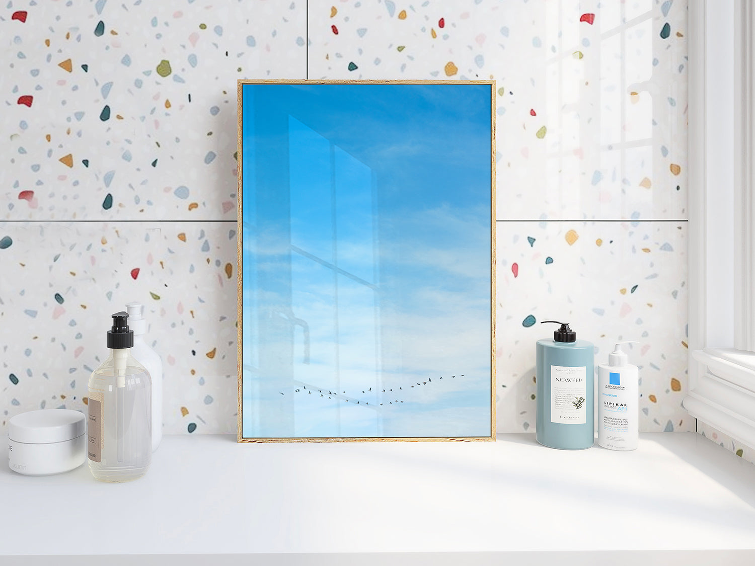 WHERE YOU LEAD minimalist photo of soft sky with V-formation birds, creating calm and lightness for peaceful interiors.