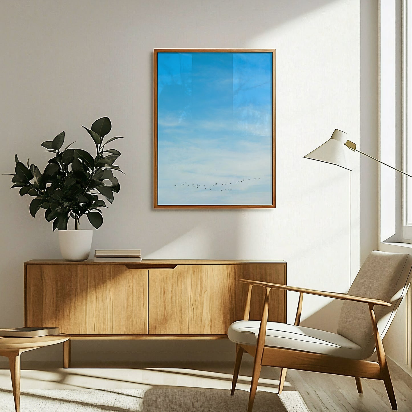 WHERE YOU LEAD minimalist photograph of sky and birds in V-formation framed on wall in modern calm interior room