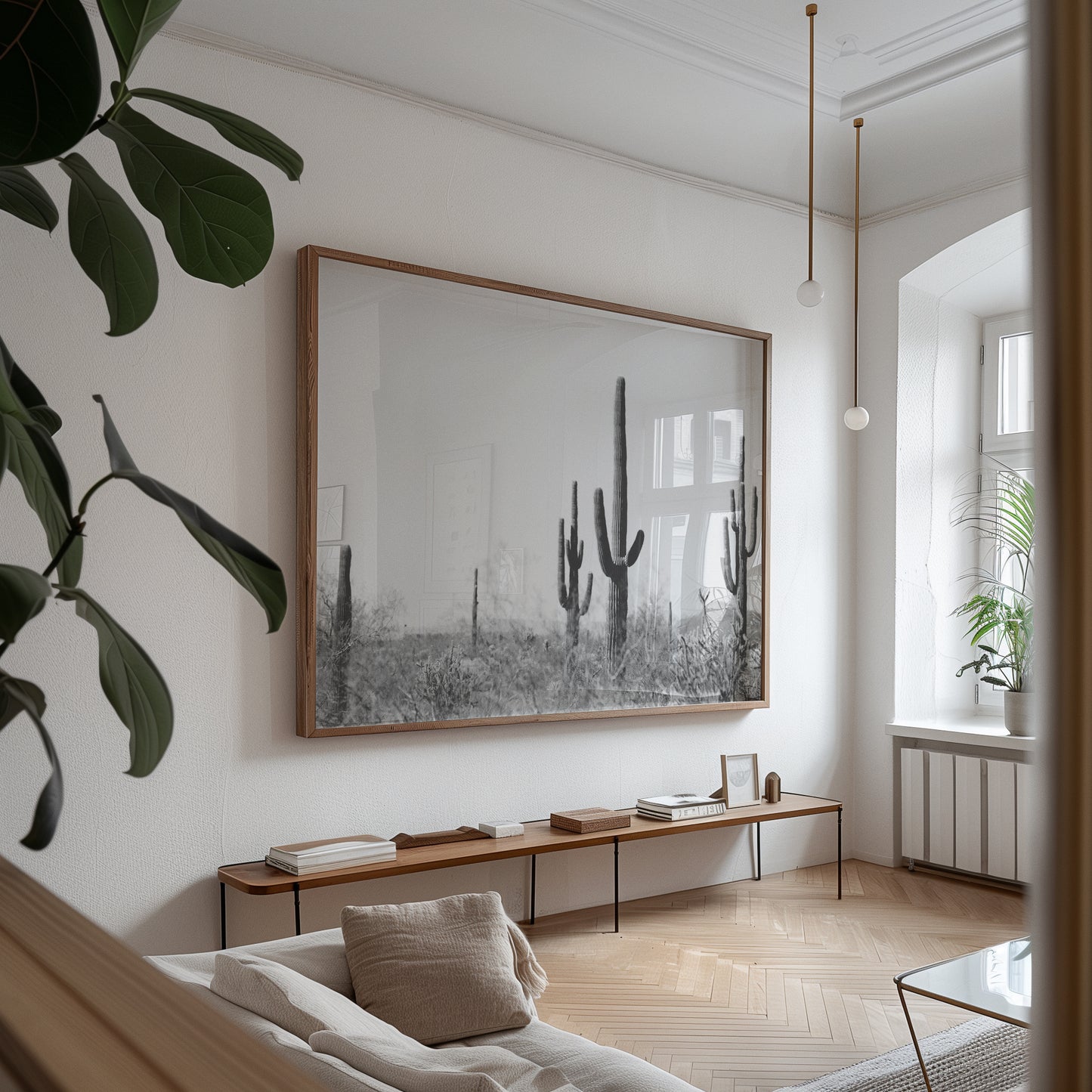 WiLD WiLD black and white saguaro cactus print in modern minimalist living room with natural boho decor.
