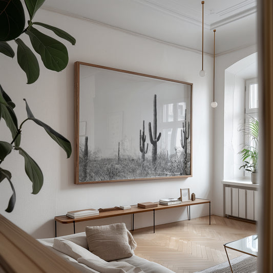 WiLD WiLD black and white saguaro cactus print in modern minimalist living room with natural boho decor.