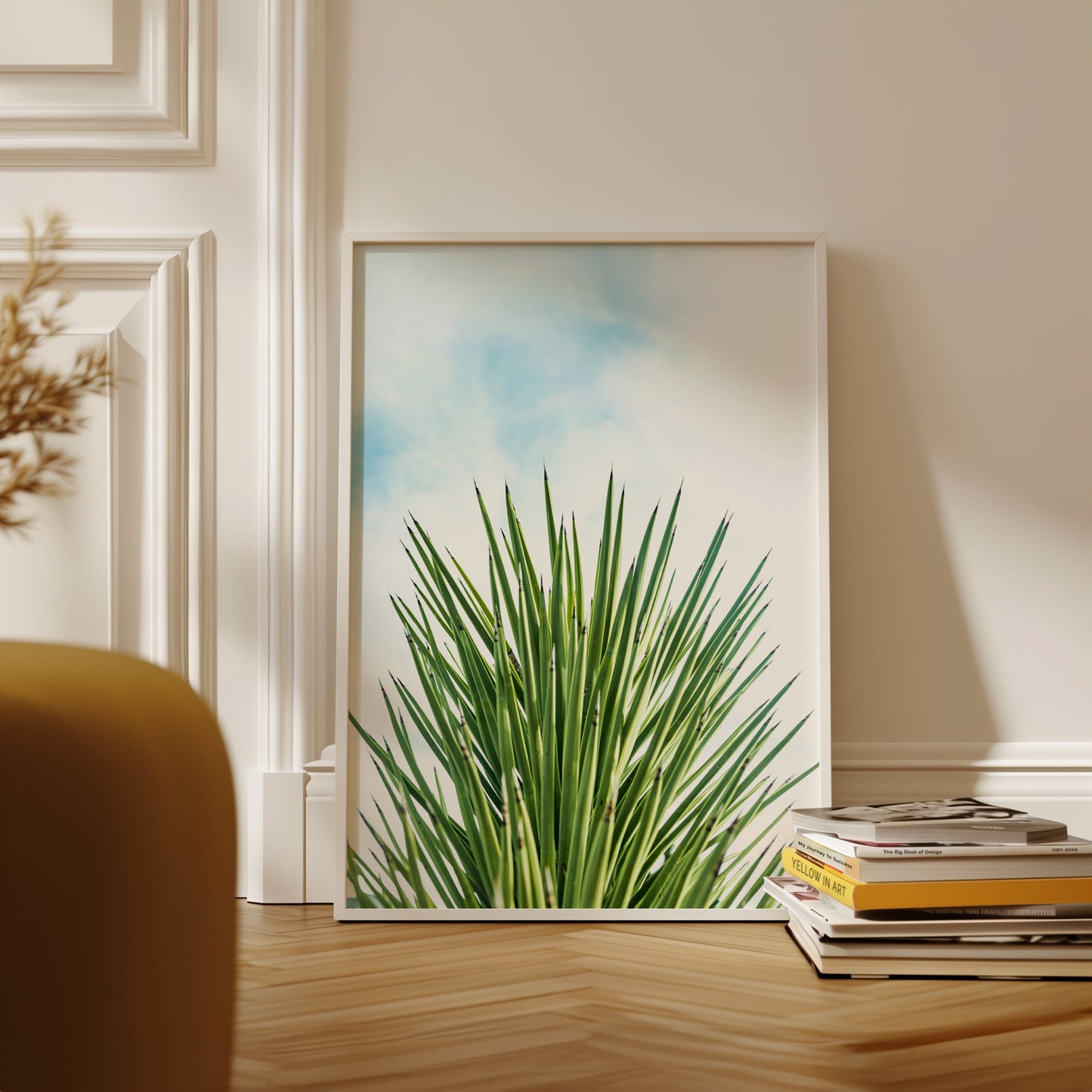 XXYY minimalist yucca plant photograph with bright sky, perfect for boho, desert, and contemporary interiors.