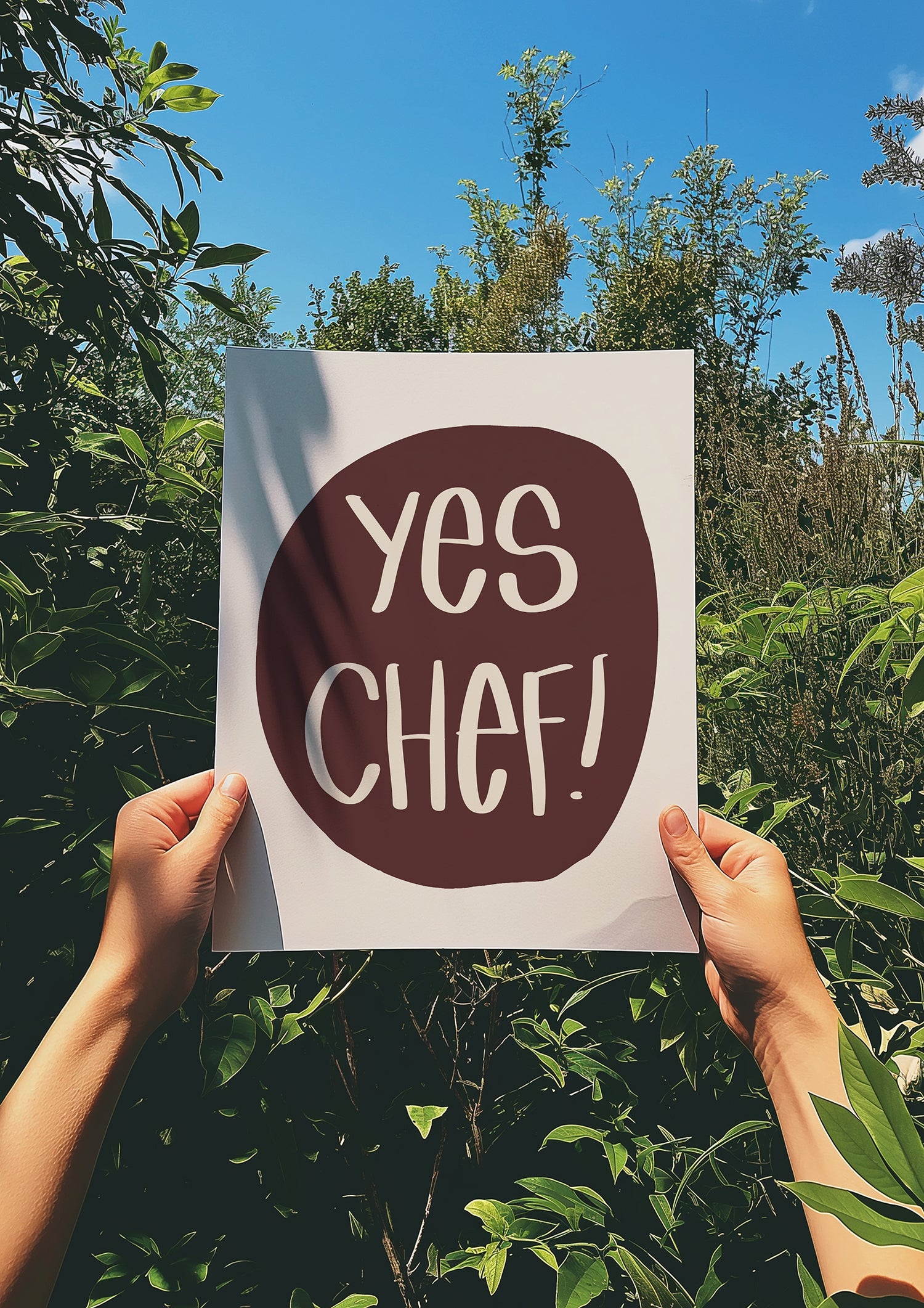 YES CHEF! poster with bold maroon text on cream background, perfect kitchen wall art for chefs and food lovers.