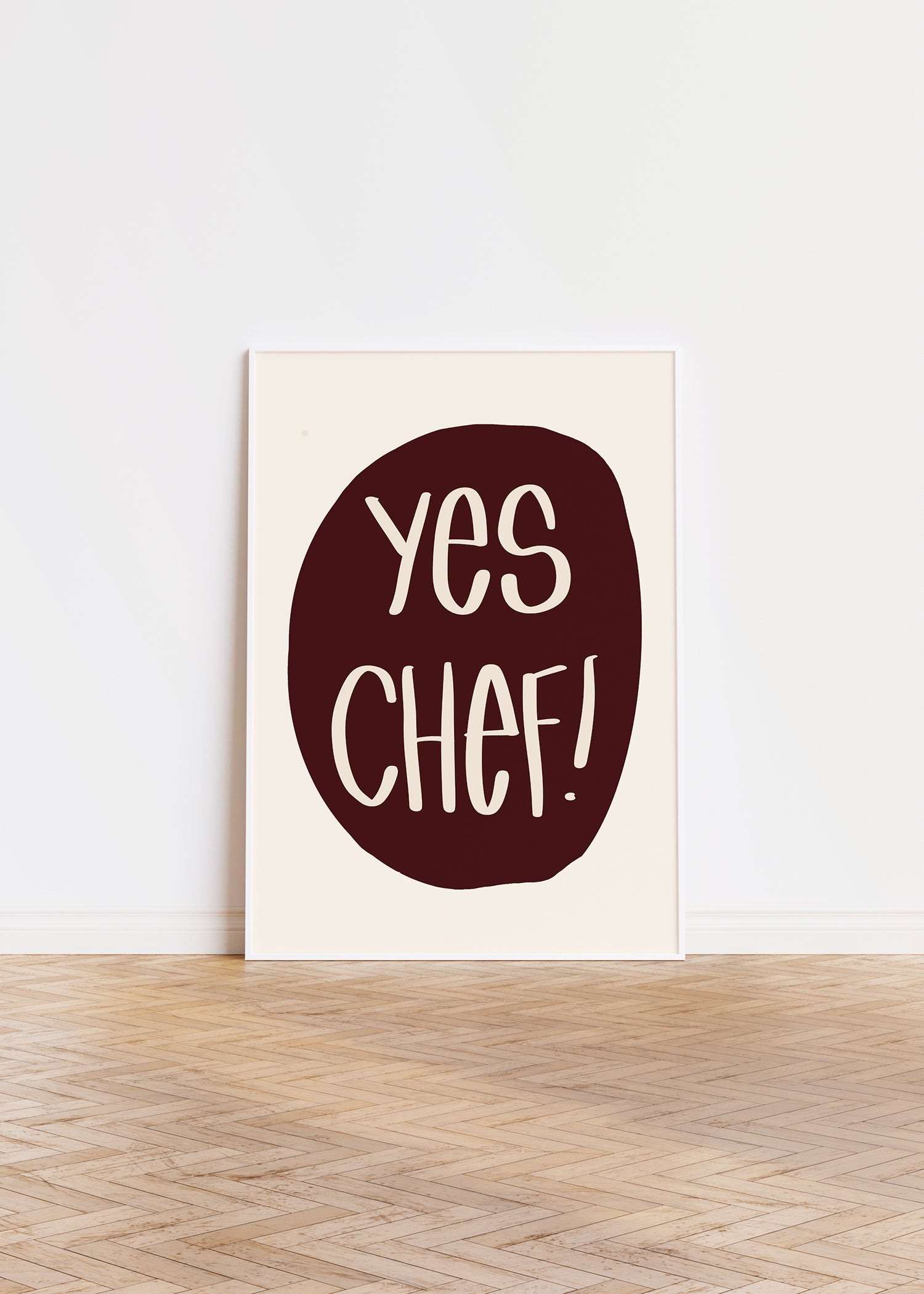 YES CHEF! poster with bold maroon text on cream background, perfect for kitchens and foodie spaces.
