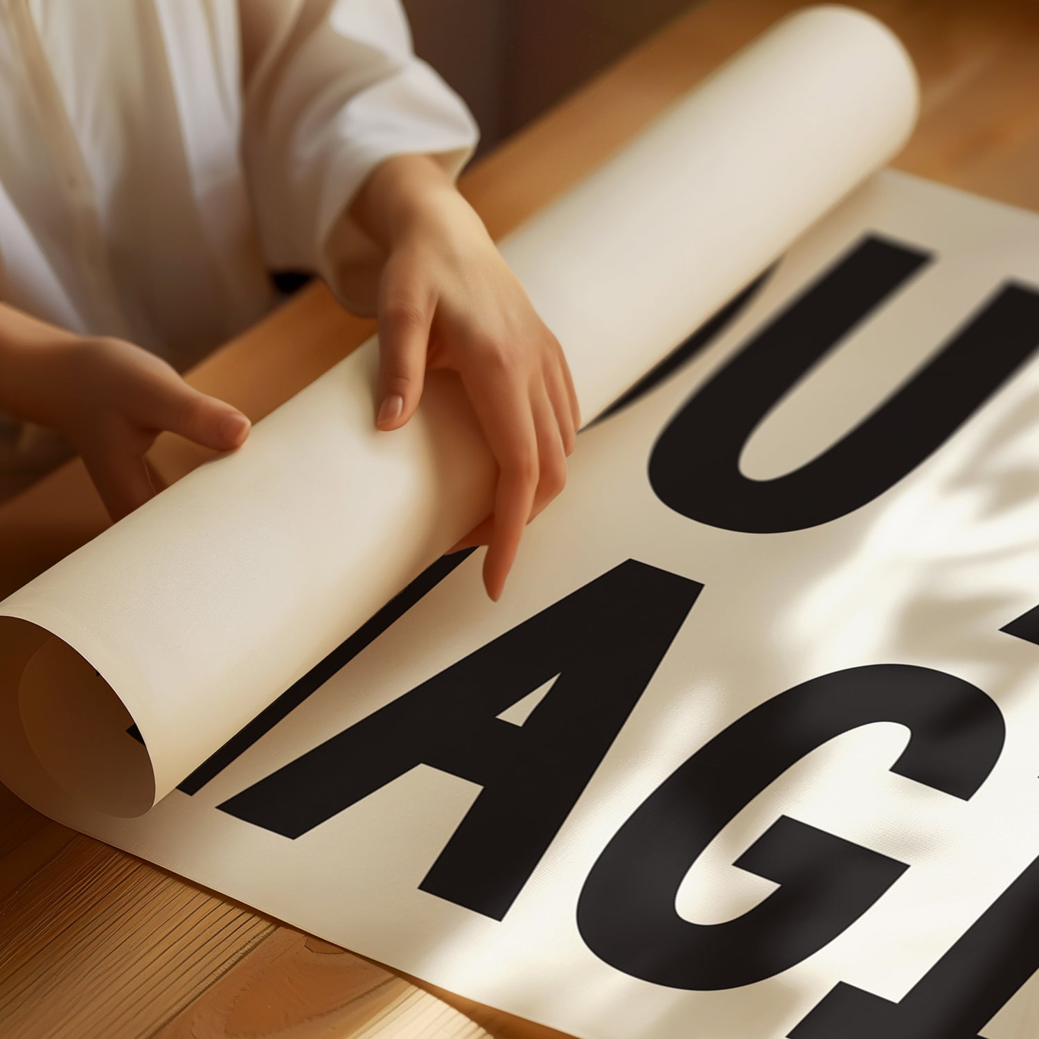Hands unrolling a minimalist typographic poster with the bold text "YOU ARE MAGiC" on matte paper.