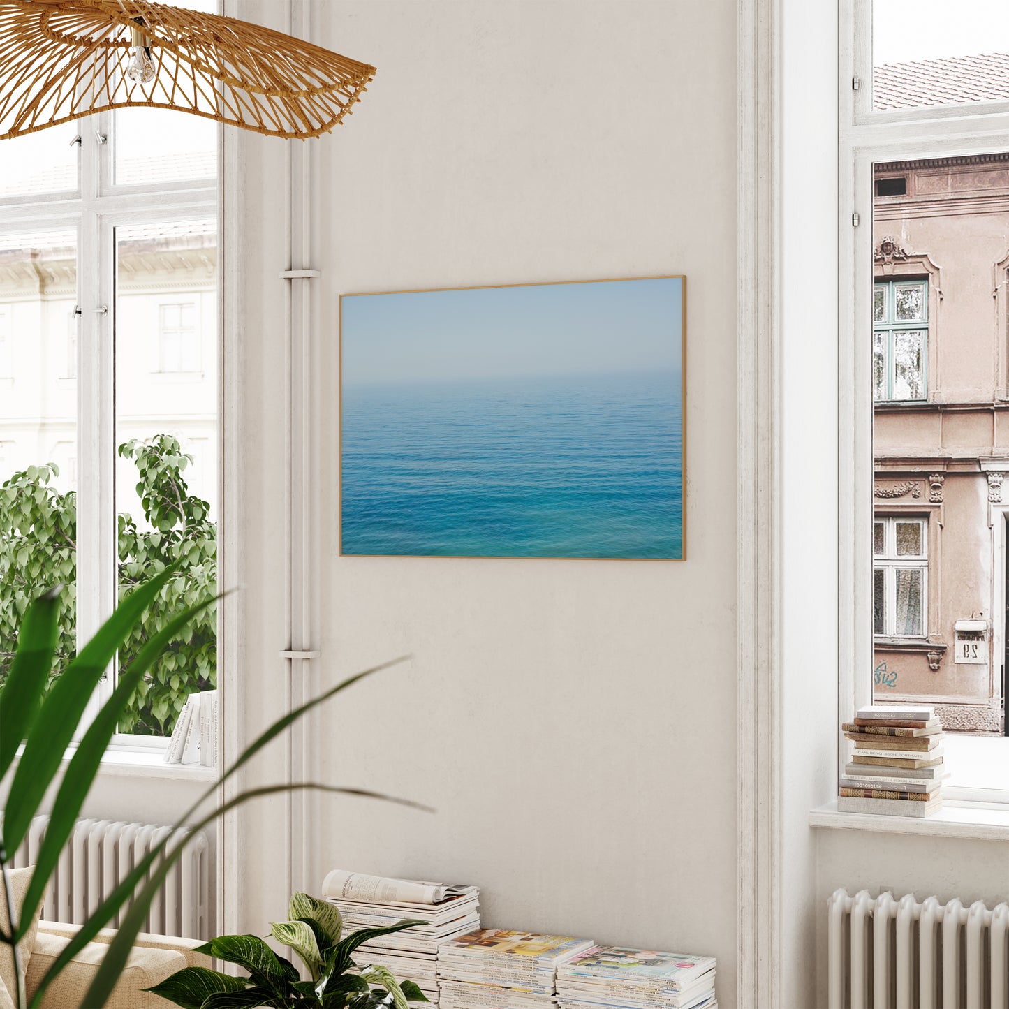 Minimalist ocean horizon print titled YOU ARE SMALL in soft blue and turquoise, ideal for serene modern interiors.