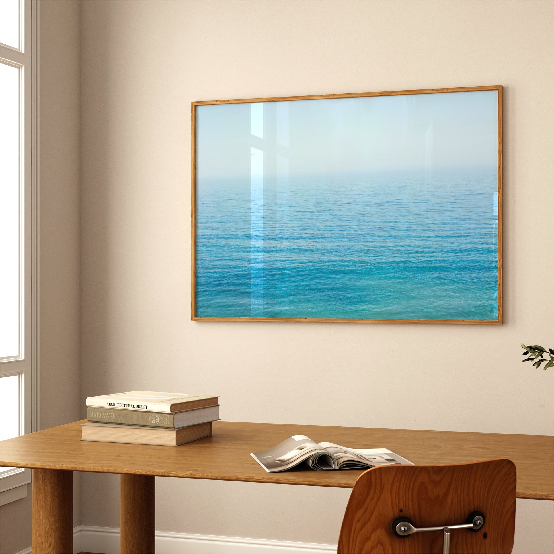 YOU ARE SMALL minimalist ocean print wall art in soft blues, capturing a calm horizon for serene modern interiors.