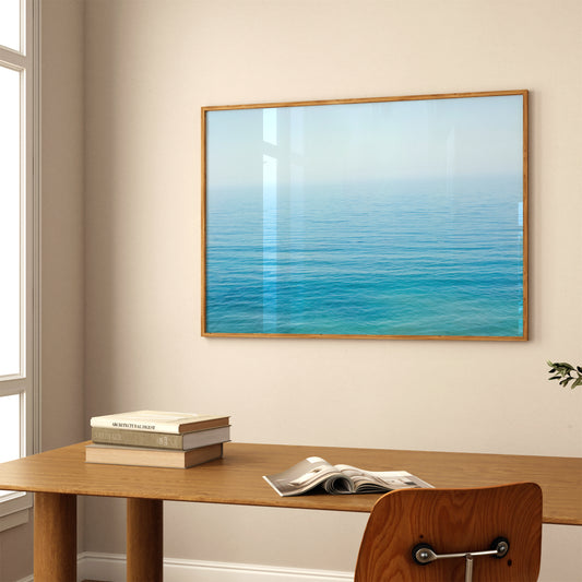 YOU ARE SMALL minimalist ocean print wall art in soft blues, capturing a calm horizon for serene modern interiors.