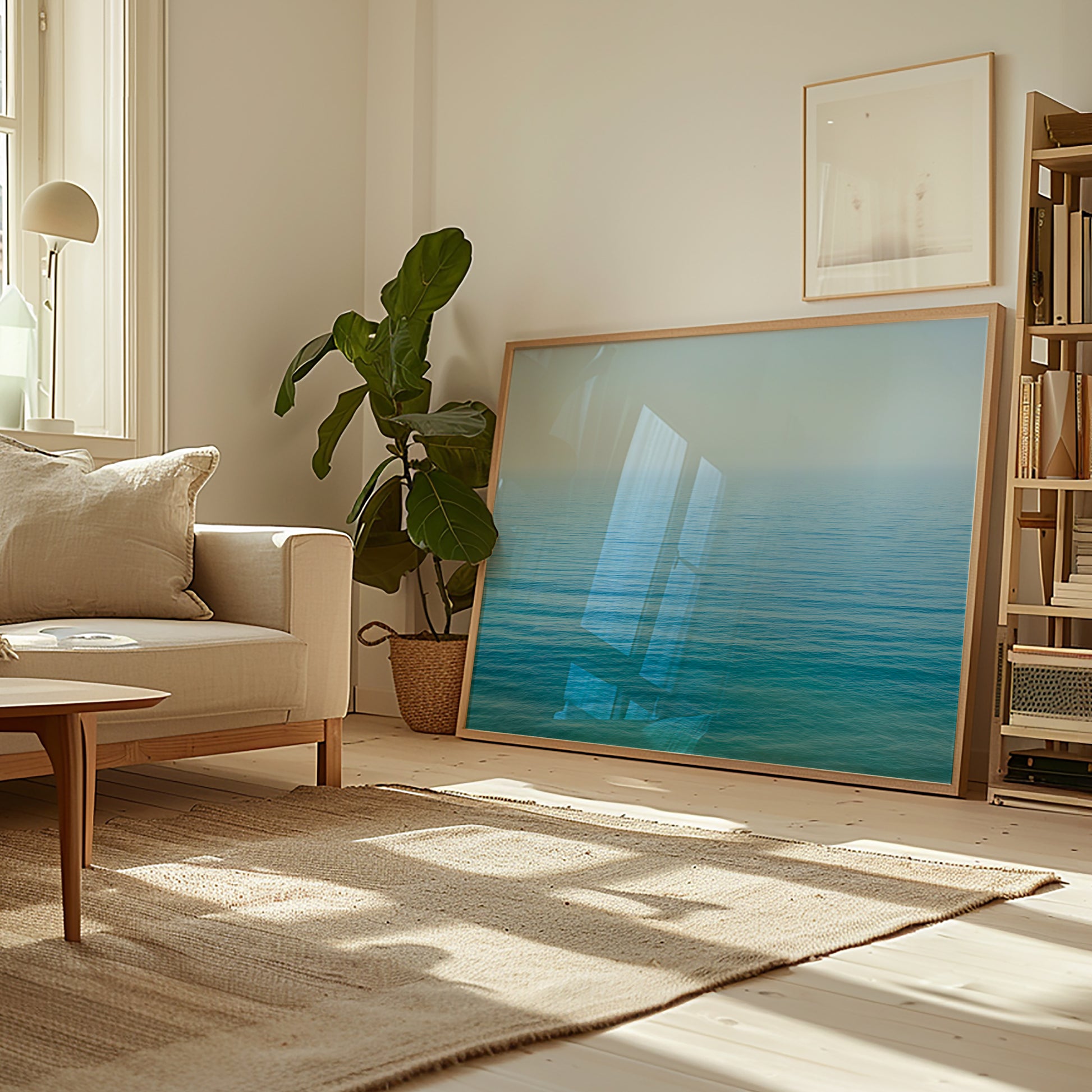 YOU ARE SMALL minimalist ocean print with calm horizon in soft blue and turquoise for serene modern interiors.