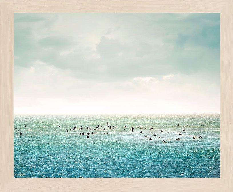 Surfers surf Surfrider in Malibu with blue green water and a cloudy sky. Available as a horizontal from 8x10 to 30x45. Printed on archival luster matte paper. - PRINTSHOP by Denise Crew