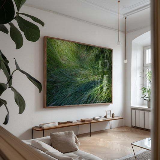 minimalist abstract modern photograph of long green grass where I deer sletp