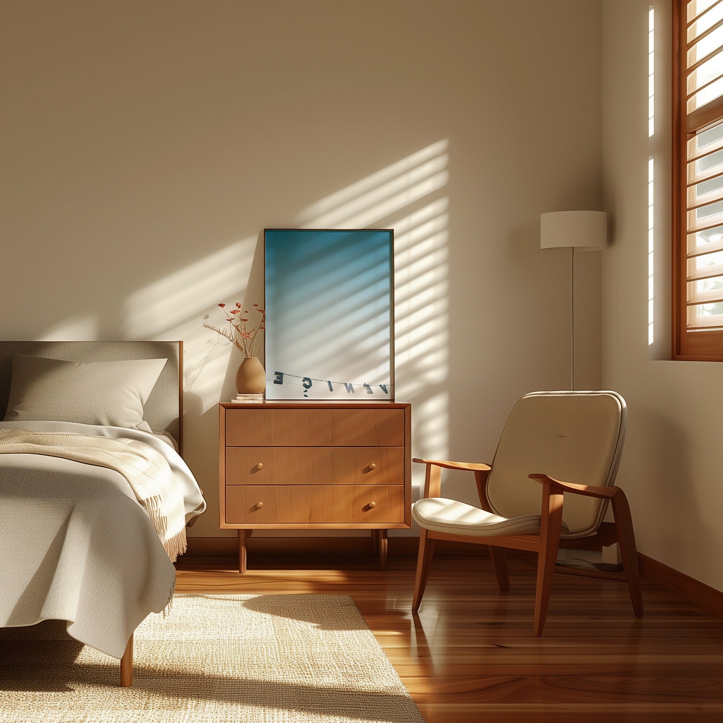 BACKWARDS: minimalist sunlit bedroom with framed reversed Venice sign photo against a soft ombré sky.