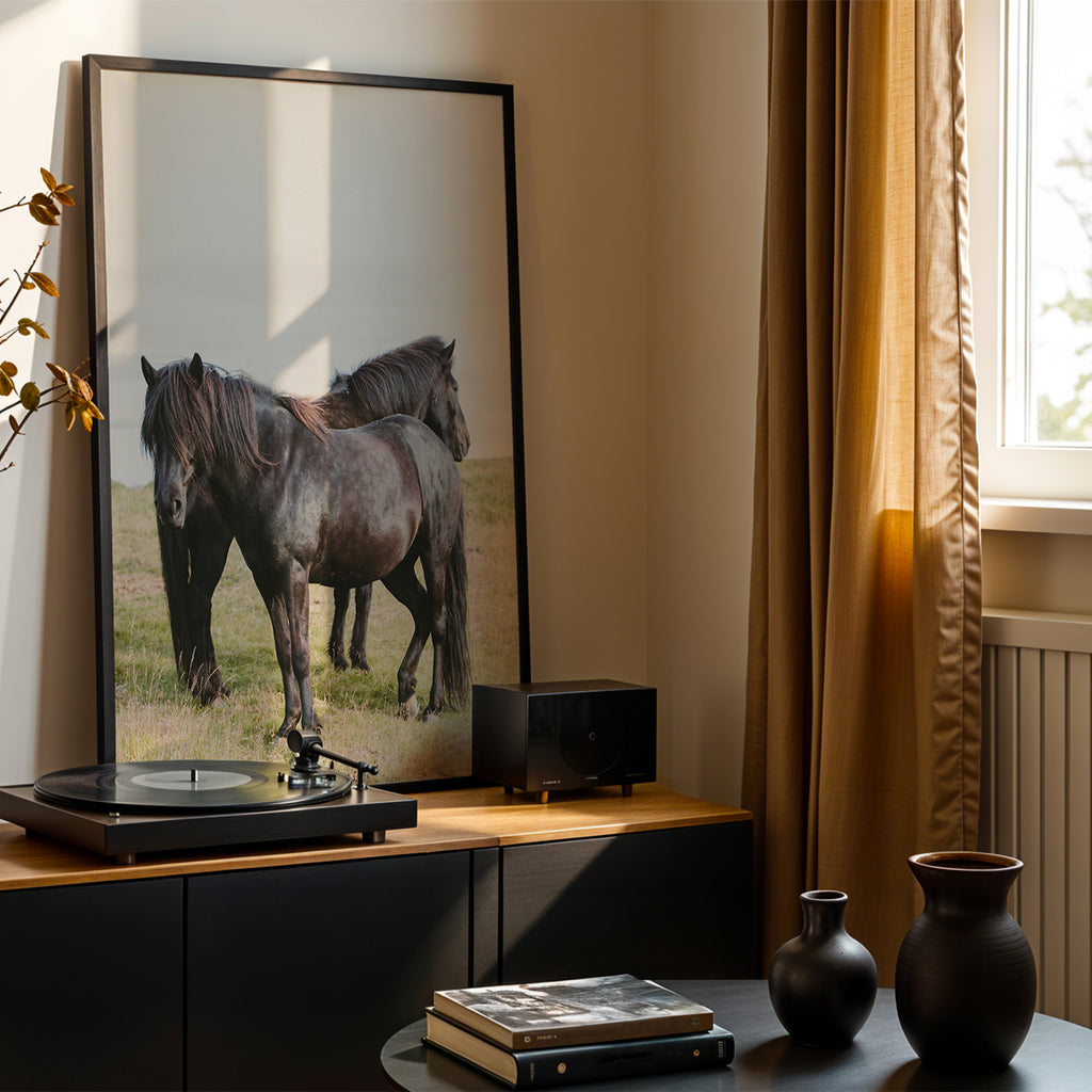 Two horses walking away through open land – quiet, contemplative horse photography for modern decor
