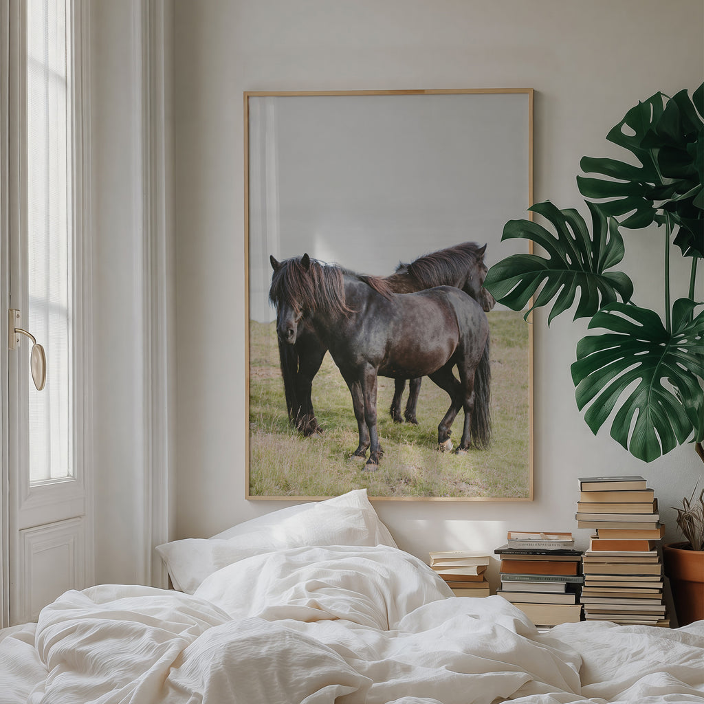Two horses walking away through open land – quiet, contemplative horse photography for modern decor